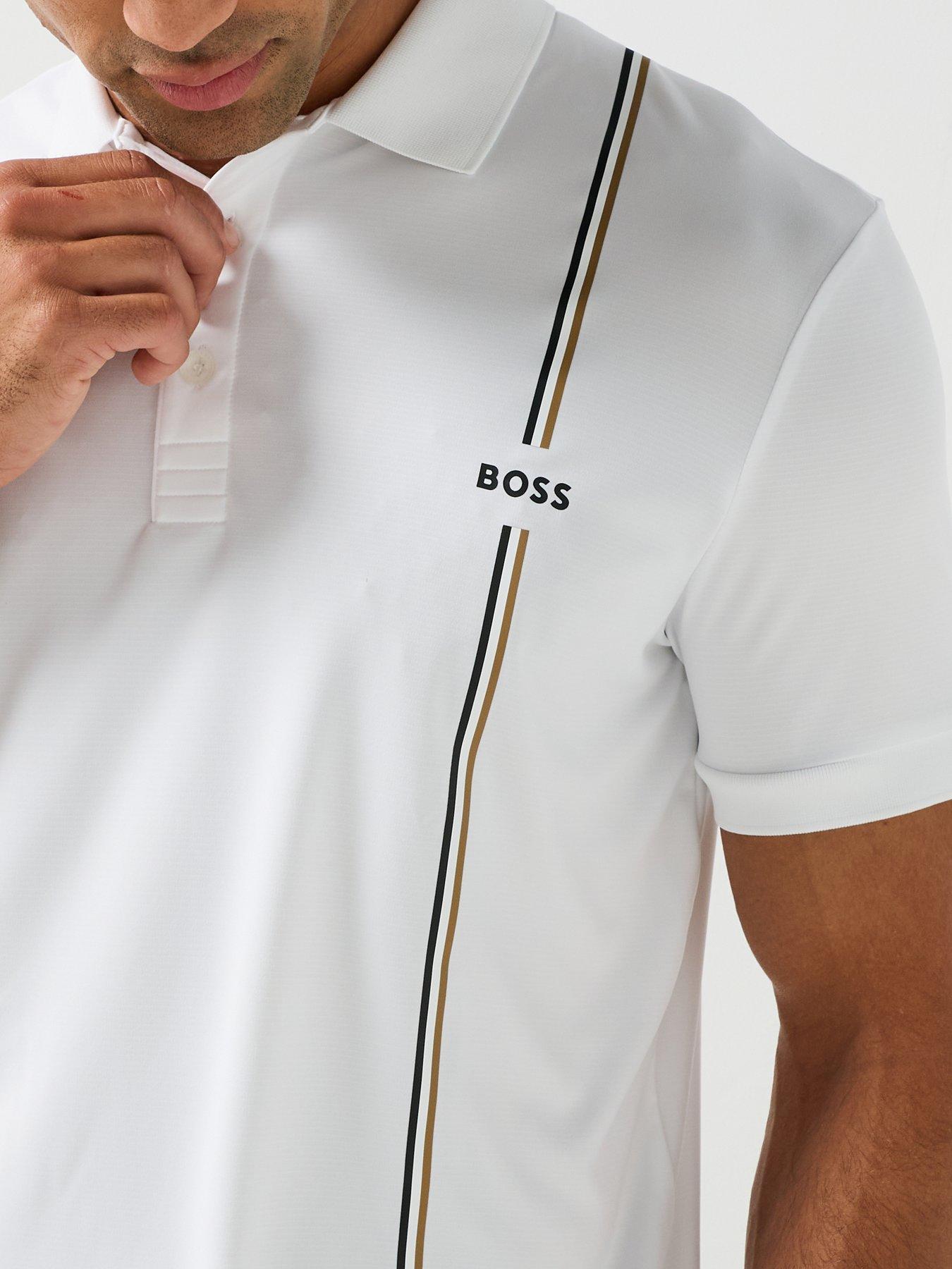 Image 4 of 6 of BOSS Mens Active Quick-Dry Polo Shirt with Signature Stripe - White