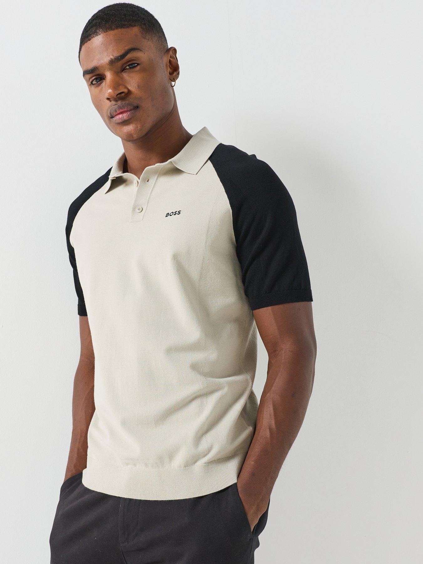 Image 1 of 6 of BOSS Mens Kn_goc Swing Raglan Sleeve Regular Fit Polo Shirt - Light Beige