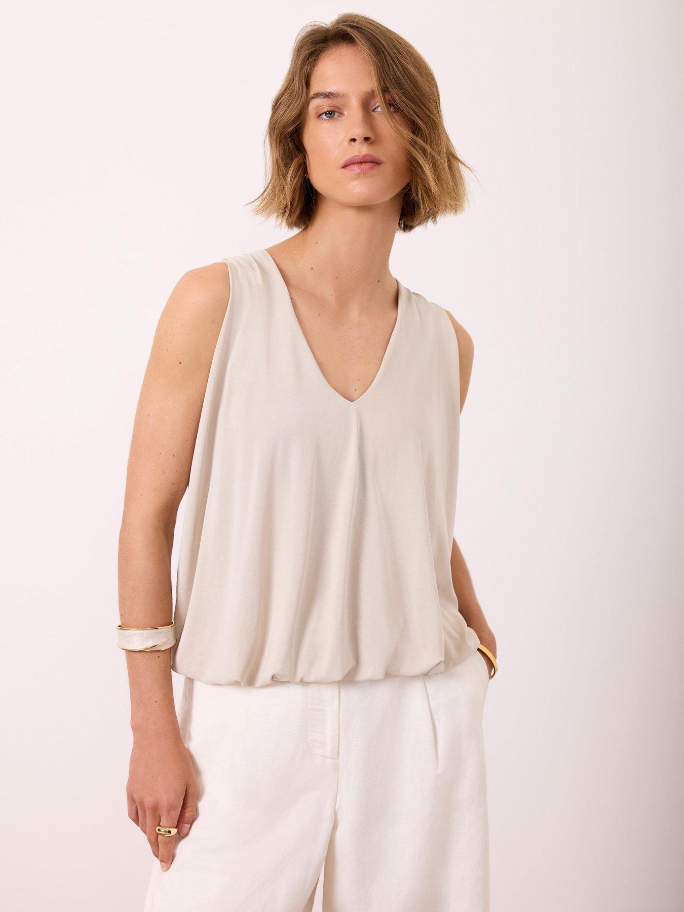 Image 1 of 6 of Mint Velvet Neutral Bubble Hem Top - Cream