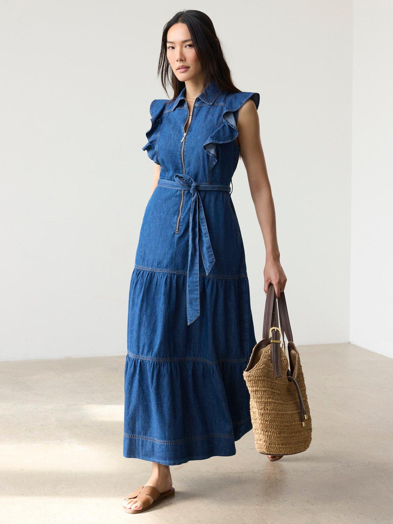 Image 1 of 6 of Mint Velvet Ruffle Tiered Denim Dress - Blue