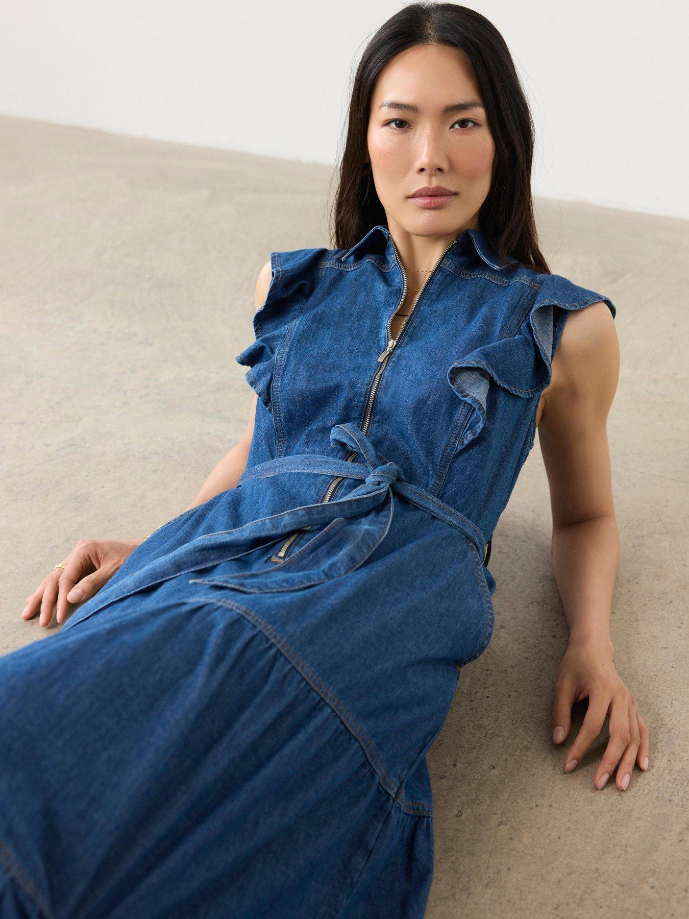 Image 2 of 6 of Mint Velvet Ruffle Tiered Denim Dress - Blue