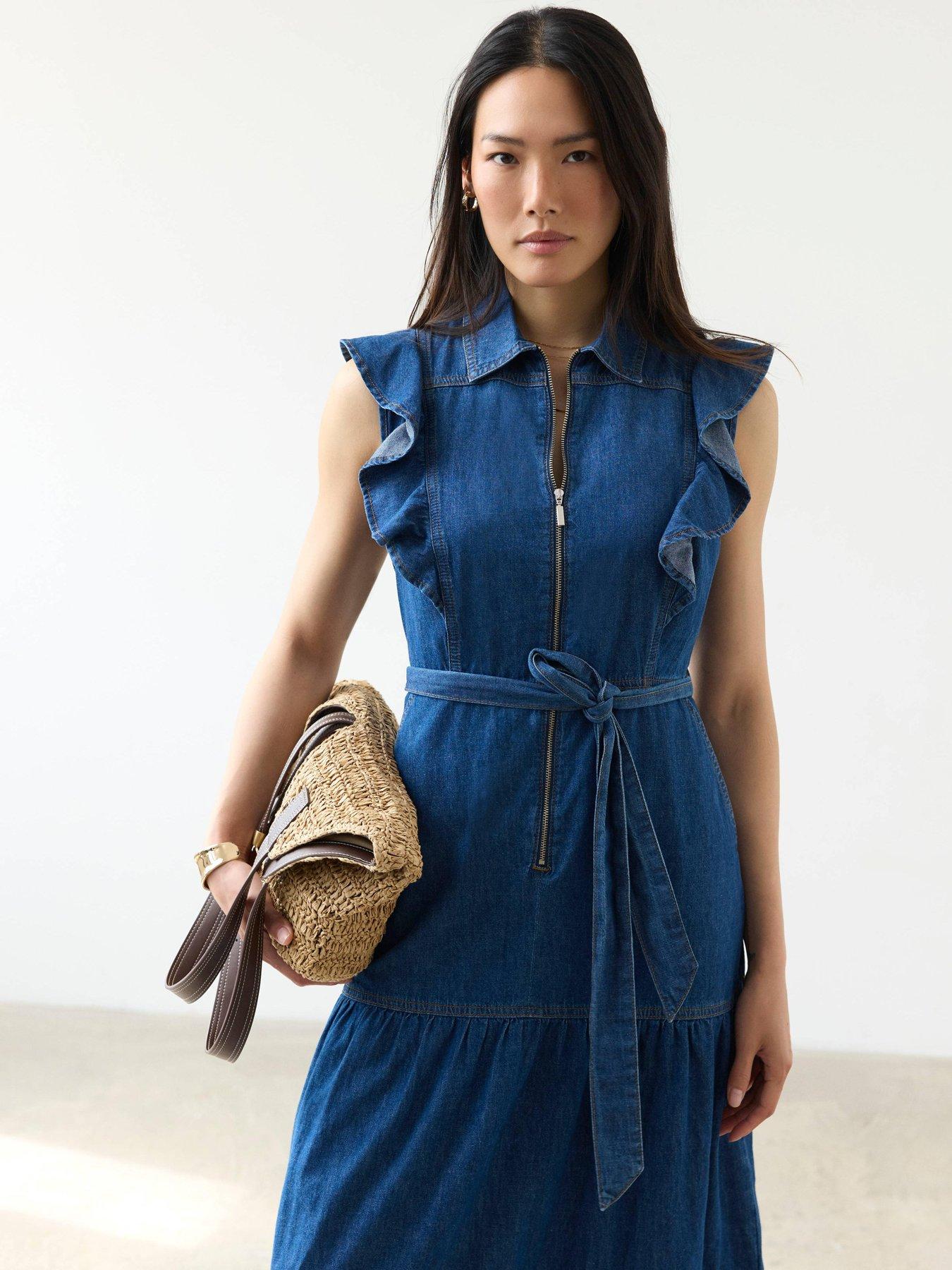 Image 3 of 6 of Mint Velvet Ruffle Tiered Denim Dress - Blue
