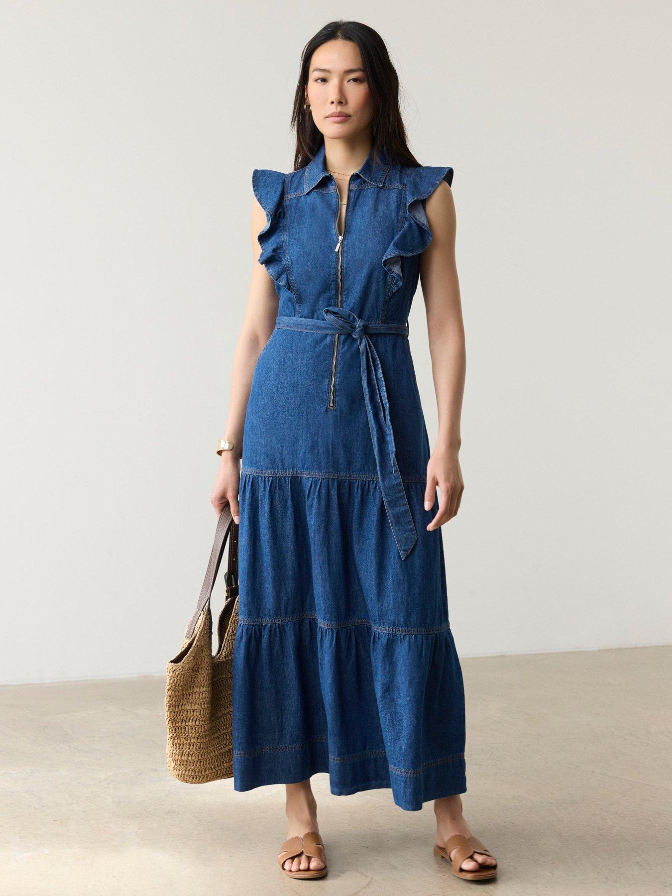 Image 4 of 6 of Mint Velvet Ruffle Tiered Denim Dress - Blue