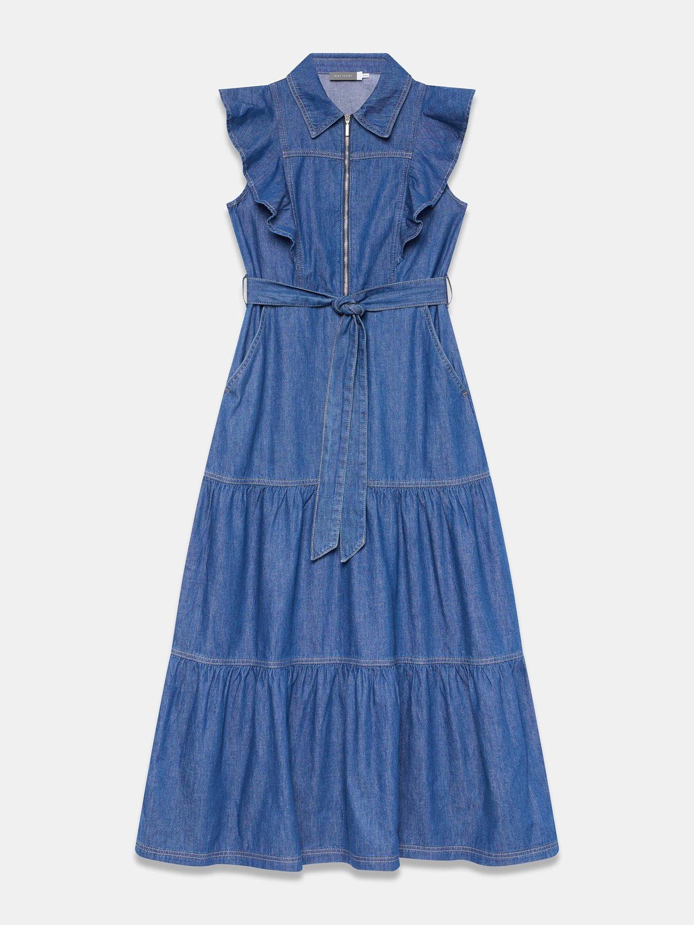 Image 5 of 6 of Mint Velvet Ruffle Tiered Denim Dress - Blue