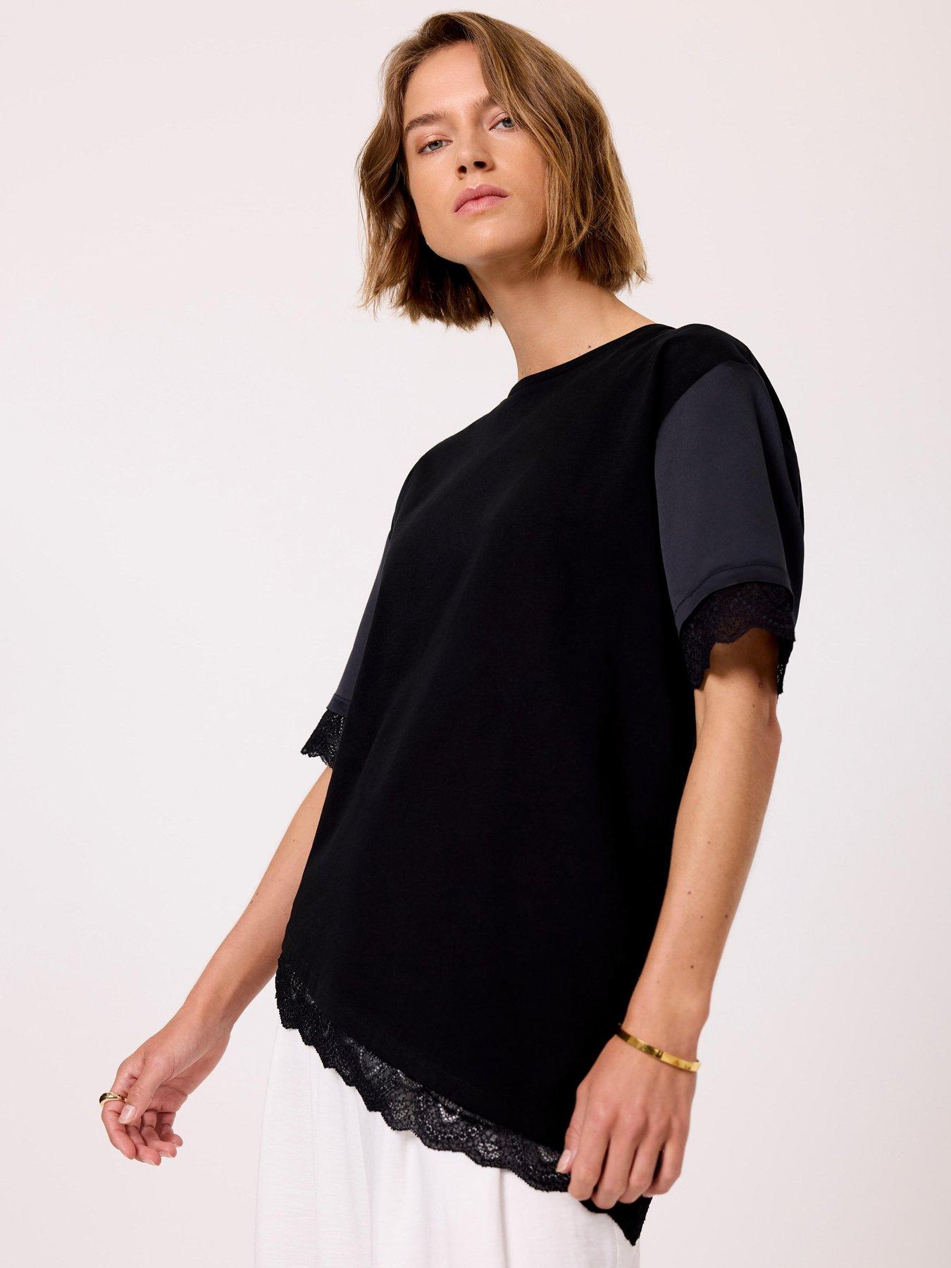 Mint Velvet Satin Lace Trim Top - Black
