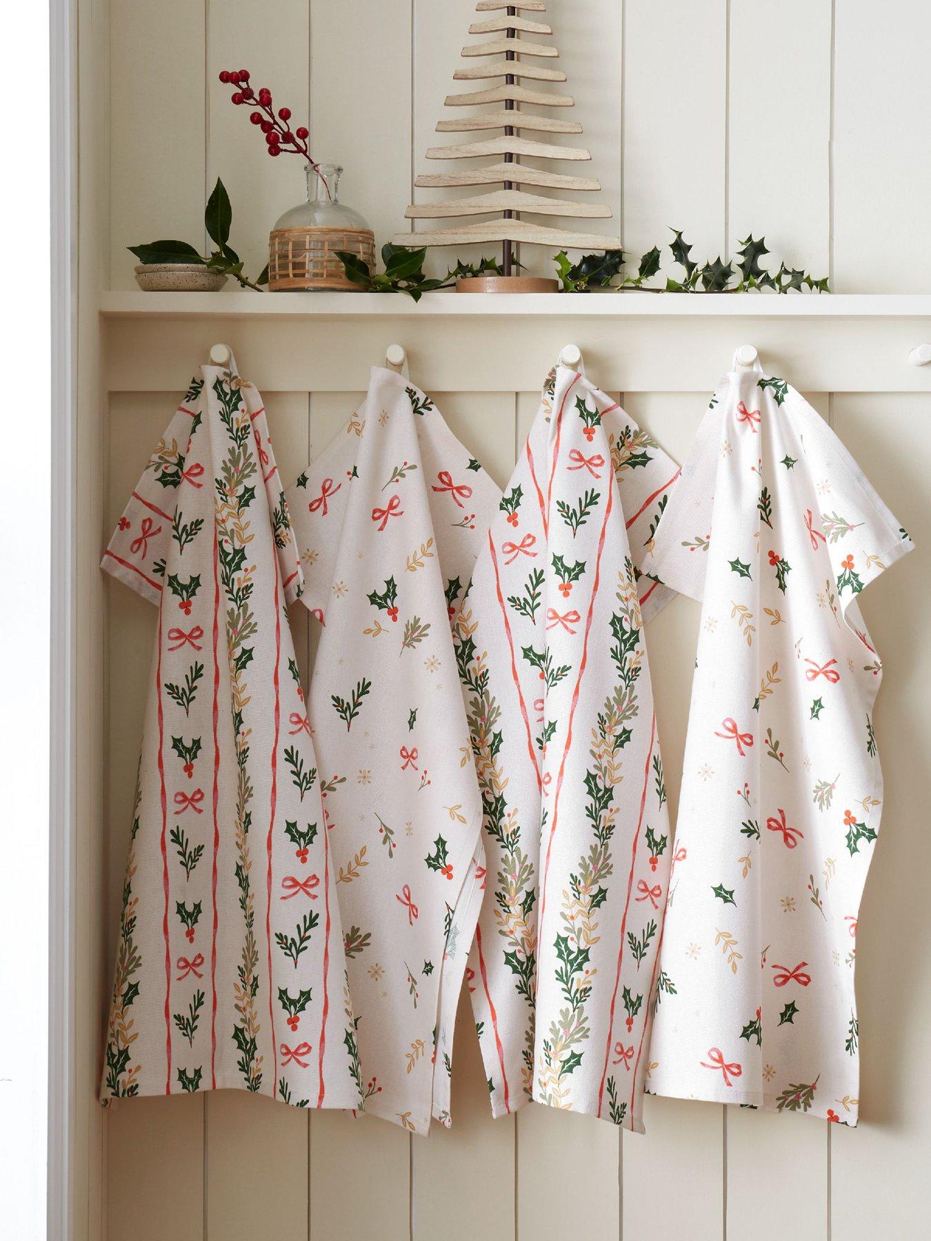 Catherine Lansfield 100% Cotton Christmas Holly Stripe Tea Towels 4 Pack