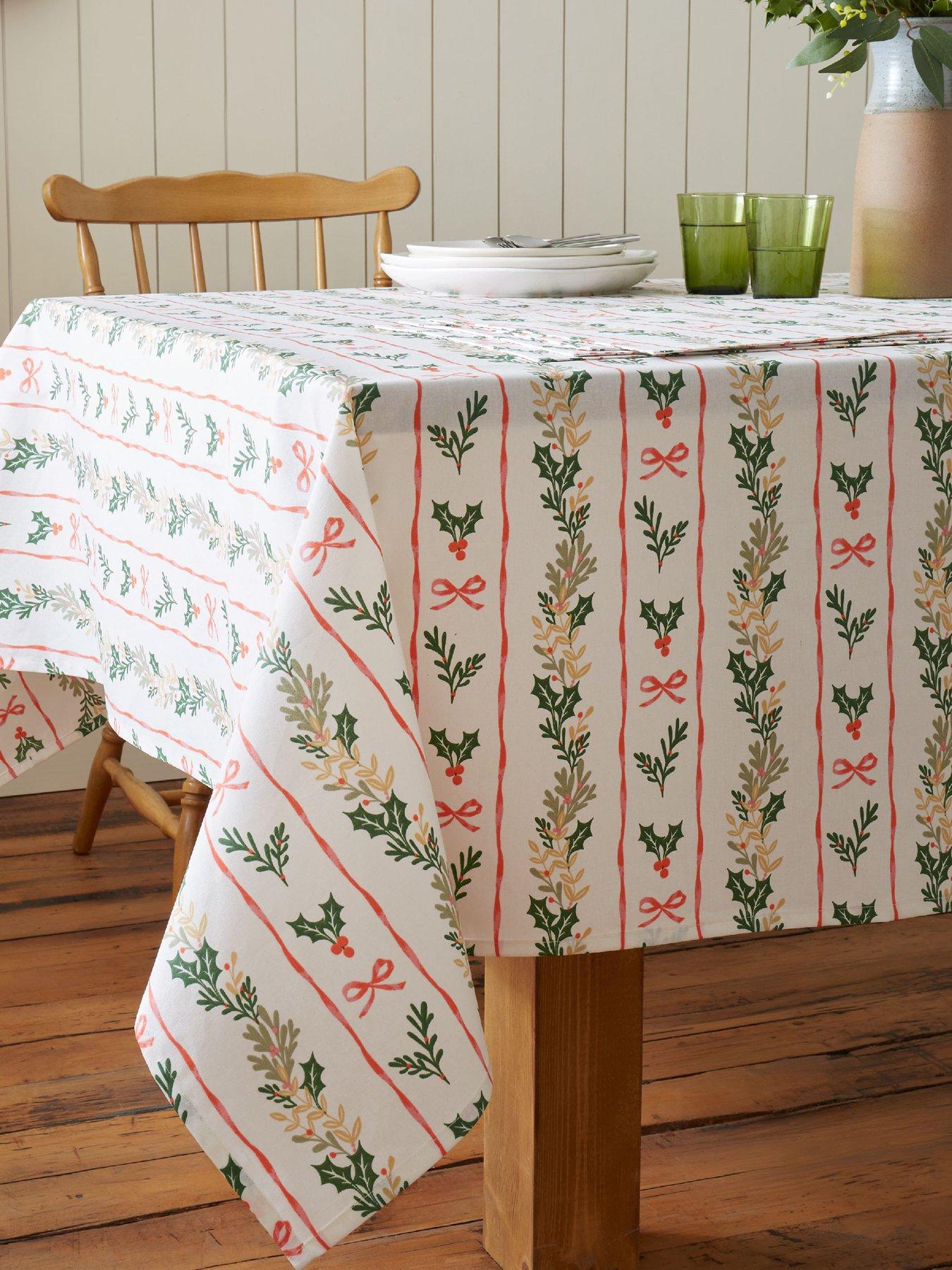 Catherine Lansfield 100% Cotton Christmas Holly Stripe Table Cloth