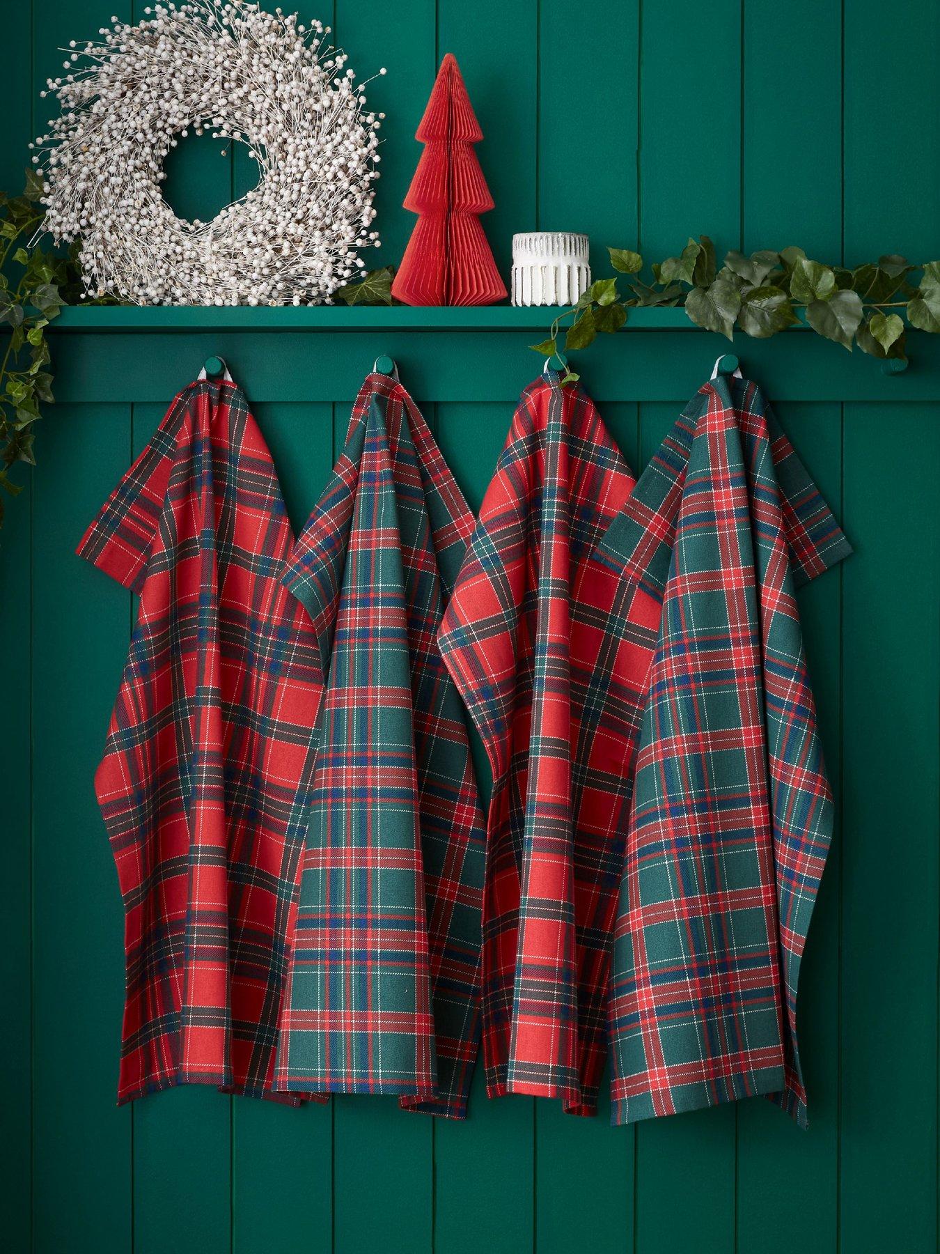 Image 1 of 3 of Catherine Lansfield 100% Cotton Christmas Tartan Check Tea Towels 4 Pack