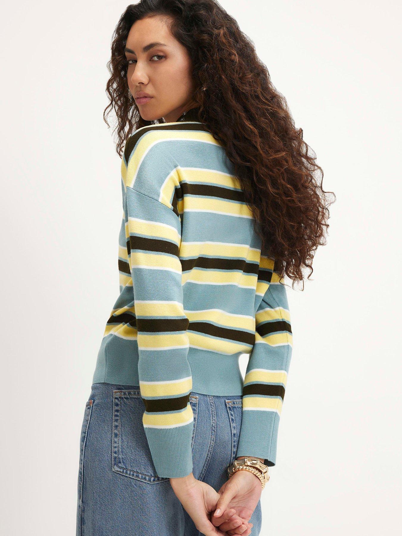 Image 2 of 6 of River Island Stripe Embellished Knit Polo Shirt - Blue