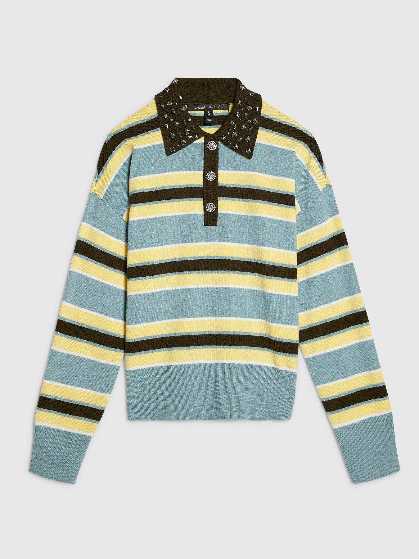 Image 6 of 6 of River Island Stripe Embellished Knit Polo Shirt - Blue