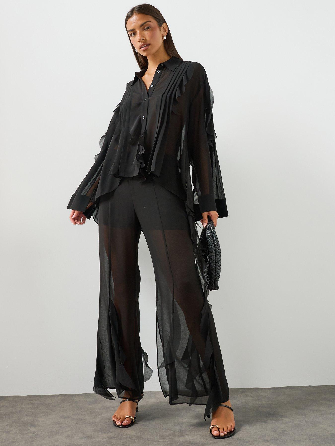 Image 3 of 6 of AllSaints Minna Flared Frill Detail Trousers - Black