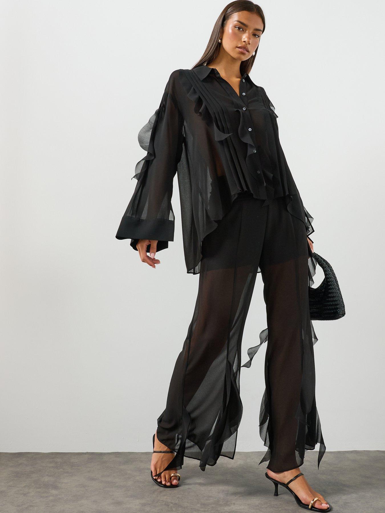 Image 4 of 6 of AllSaints Minna Flared Frill Detail Trousers - Black