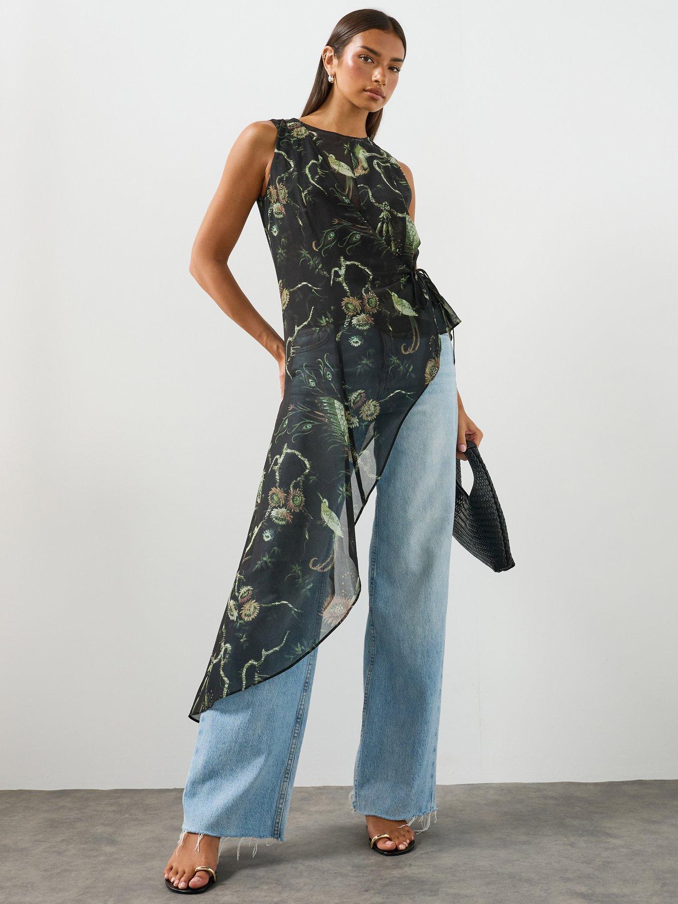 AllSaints Enola Asymmetric Printed Wrap Top - Green