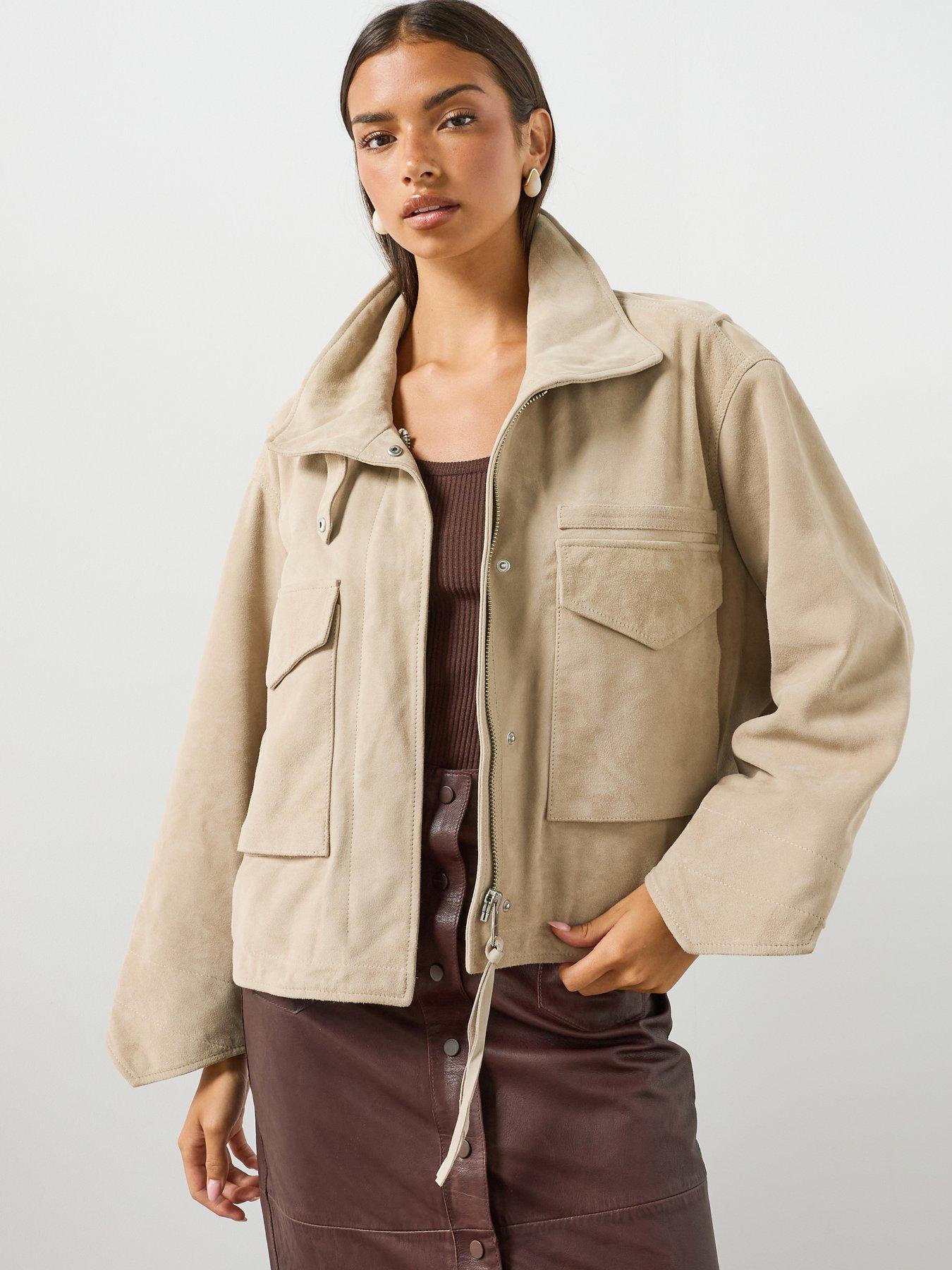 AllSaints Funnel Neck Suede Cropped Jacket - Beige