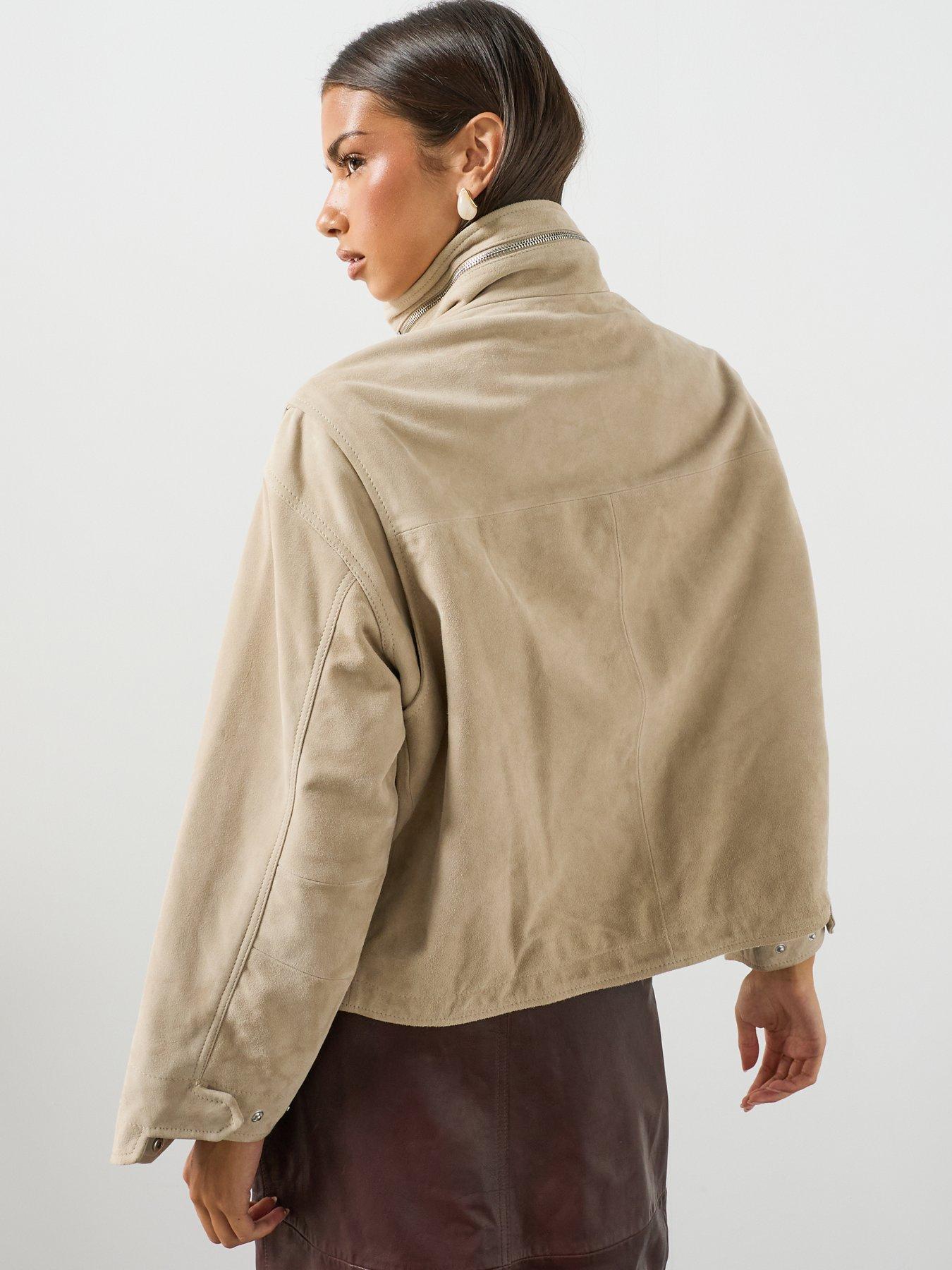 Image 2 of 6 of AllSaints Funnel Neck Suede Cropped Jacket - Beige