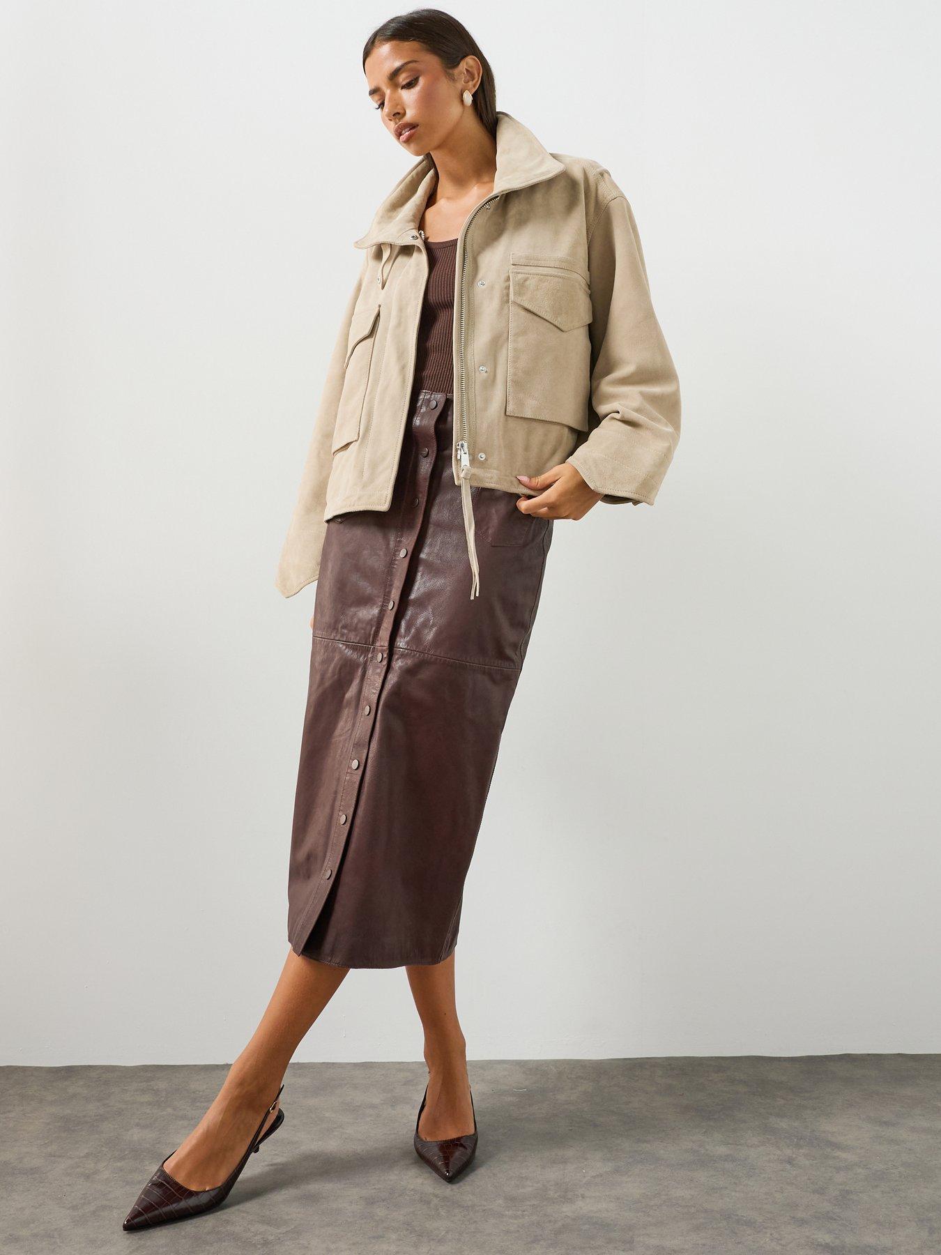 Image 3 of 6 of AllSaints Funnel Neck Suede Cropped Jacket - Beige
