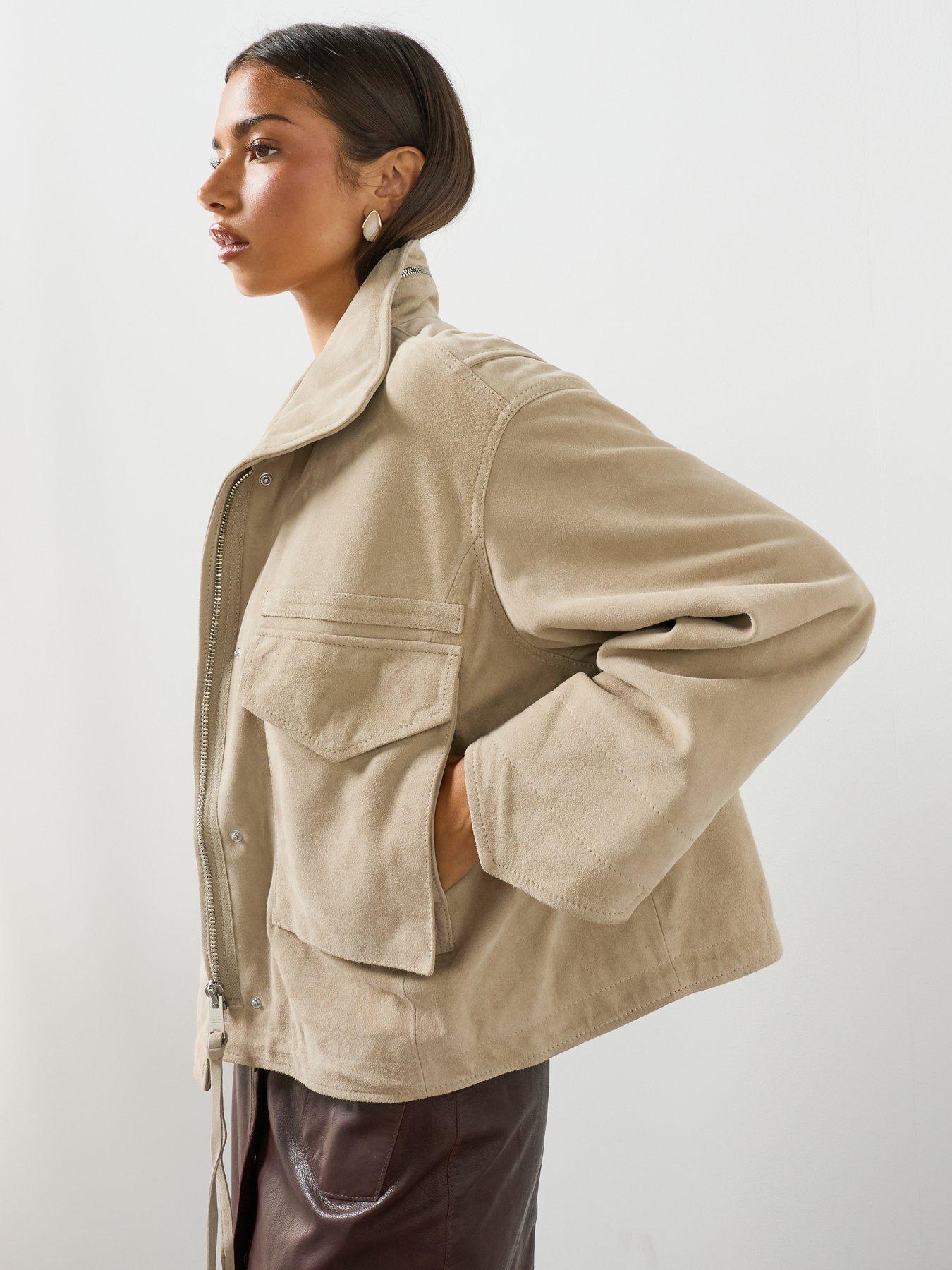 Image 4 of 6 of AllSaints Funnel Neck Suede Cropped Jacket - Beige