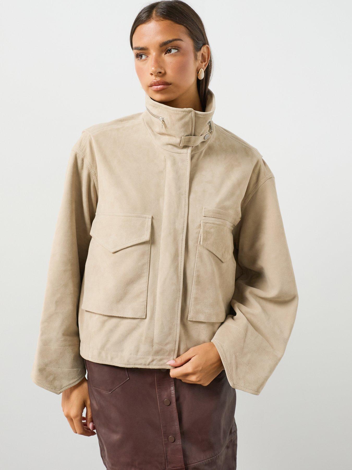 Image 5 of 6 of AllSaints Funnel Neck Suede Cropped Jacket - Beige
