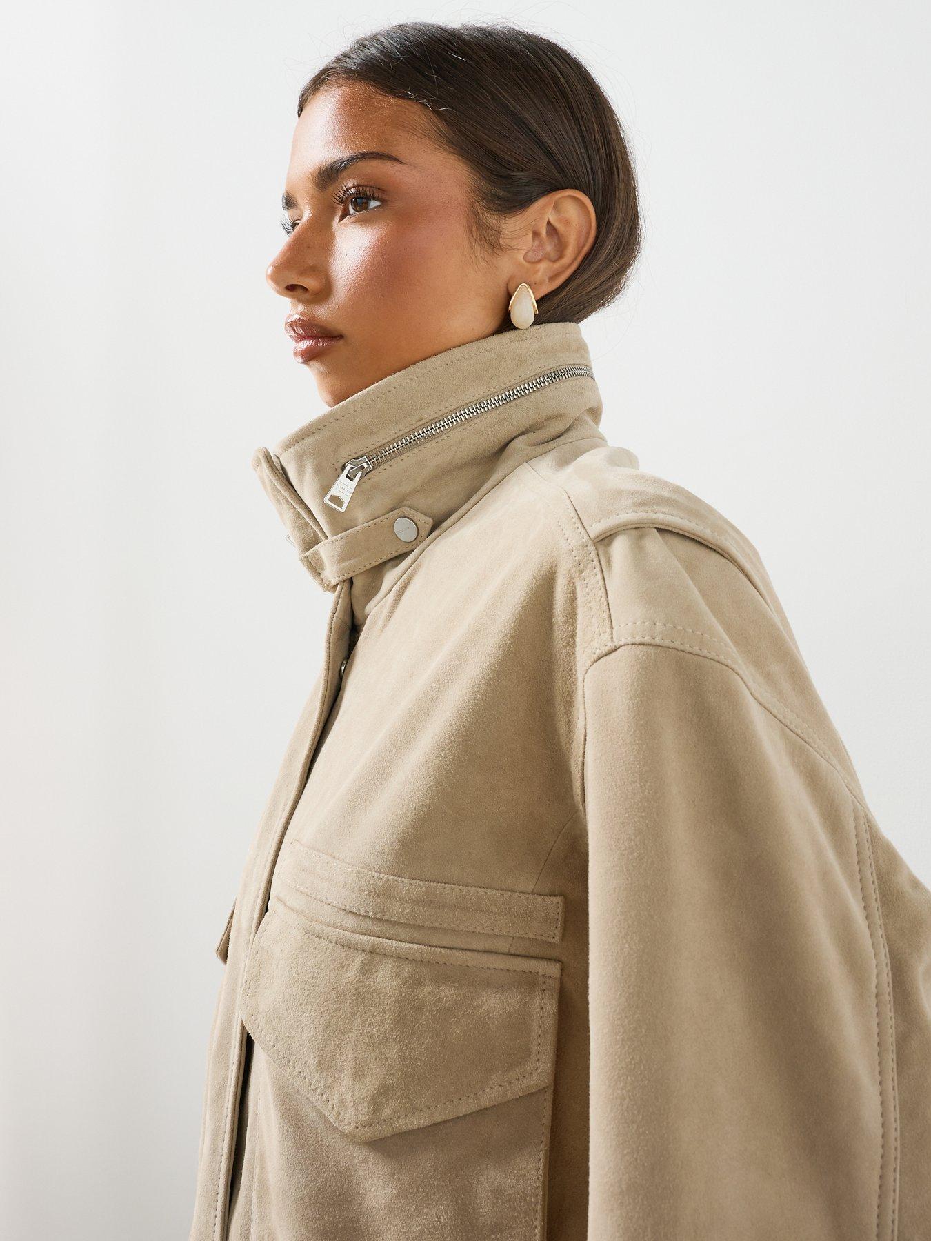 Image 6 of 6 of AllSaints Funnel Neck Suede Cropped Jacket - Beige