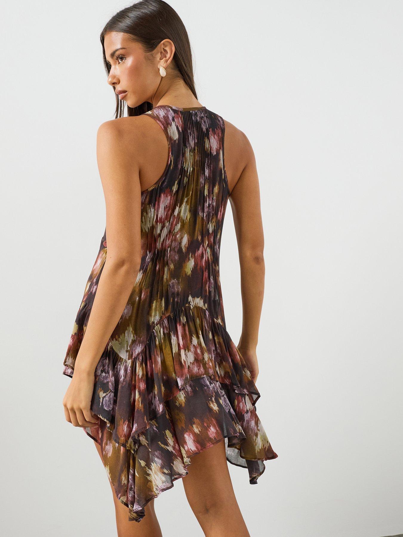 Image 2 of 6 of AllSaints Gretel Asymmetric Tiered Midi Dress - Black