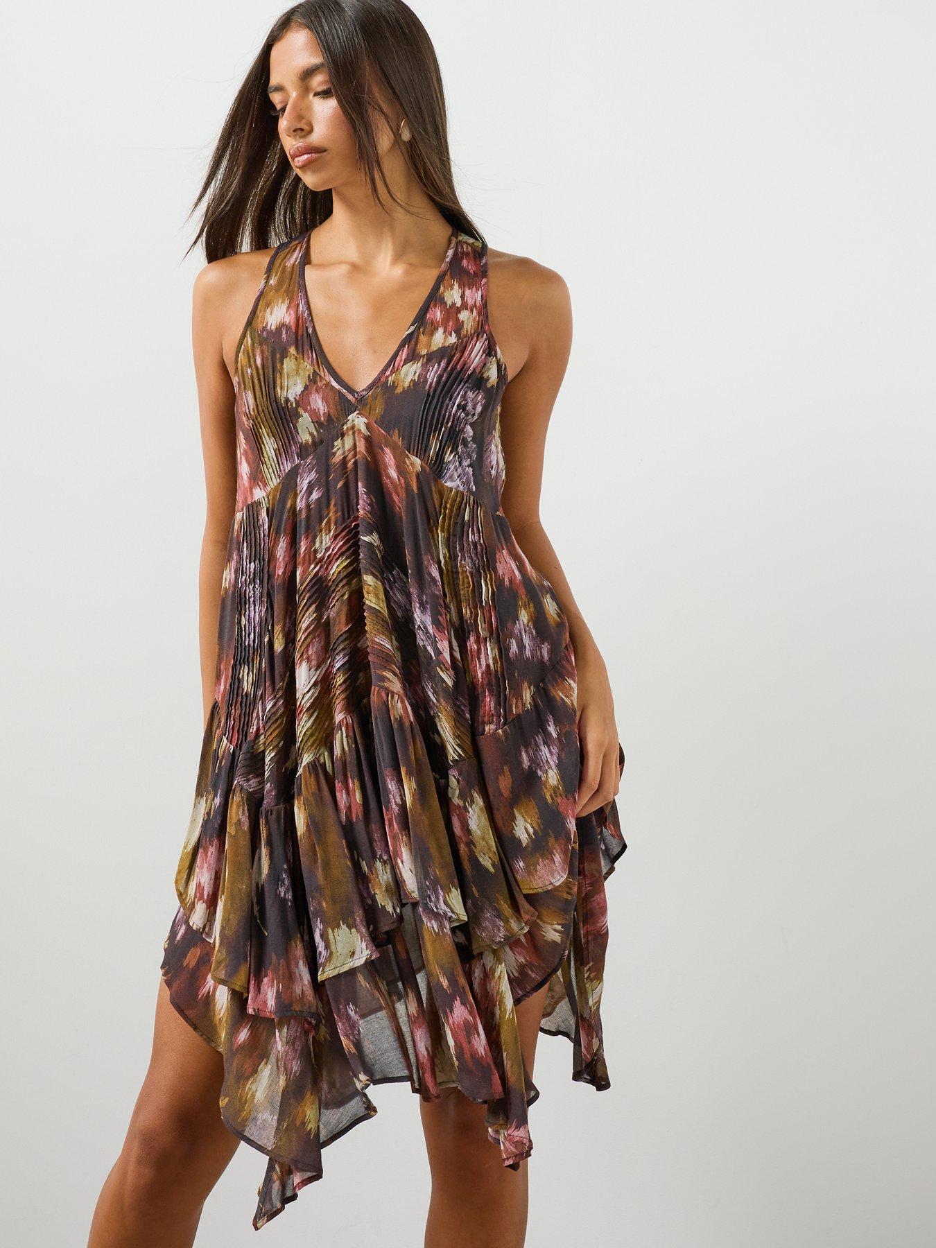 Image 4 of 6 of AllSaints Gretel Asymmetric Tiered Midi Dress - Black