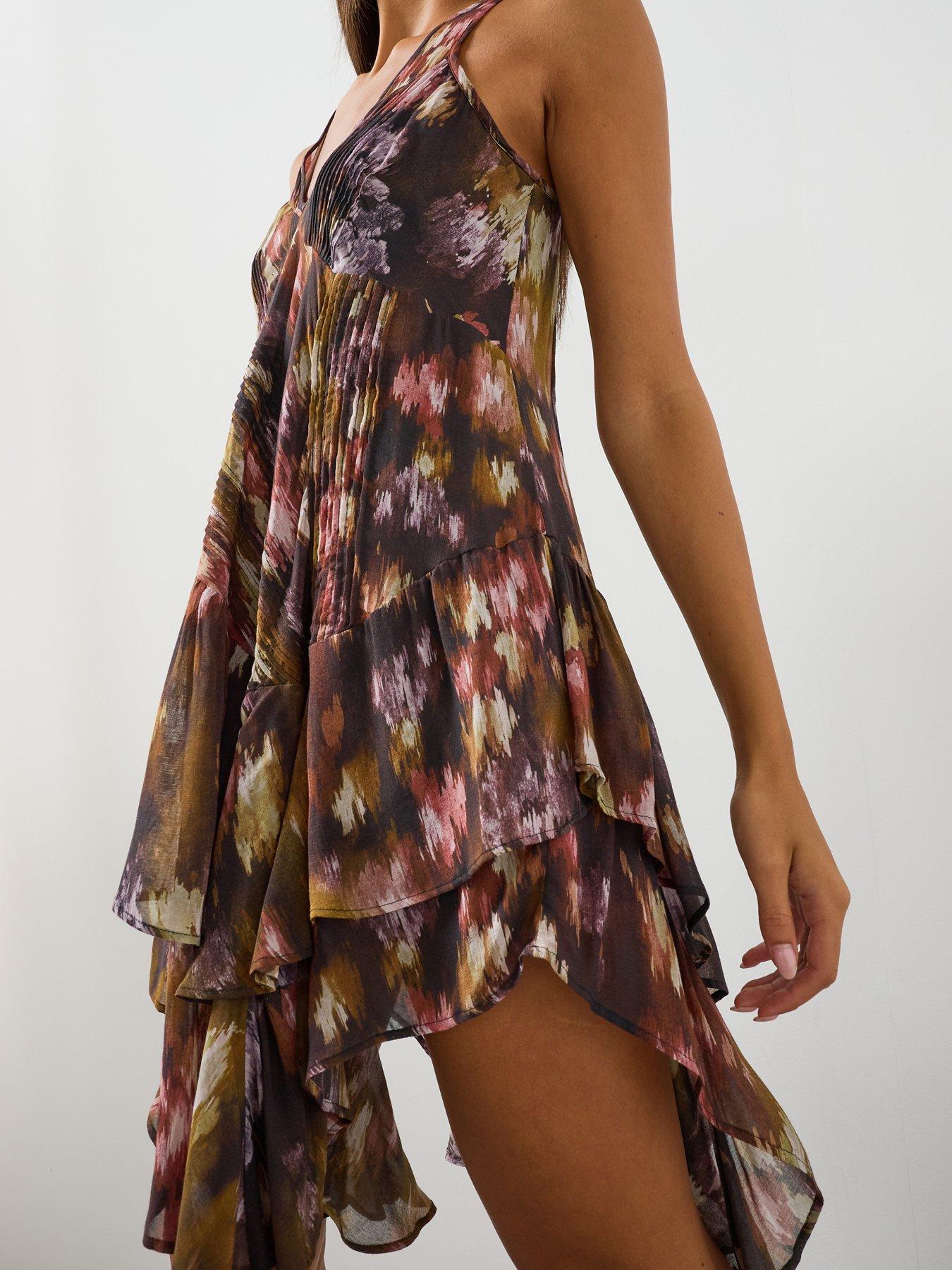 Image 5 of 6 of AllSaints Gretel Asymmetric Tiered Midi Dress - Black