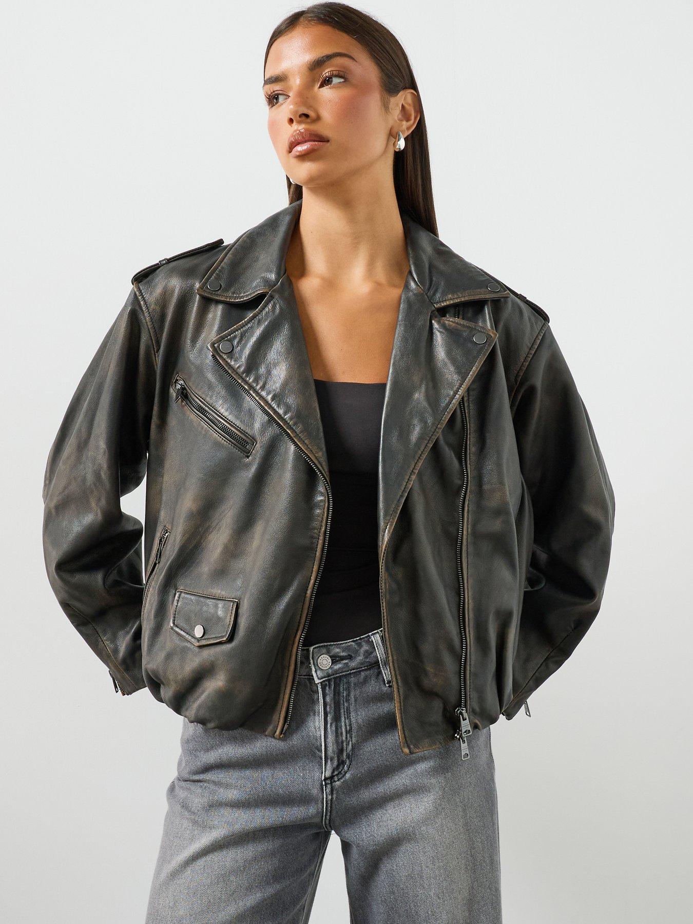 Image 1 of 6 of AllSaints Samina Relaxed Fit Leather Biker Jacket - Black