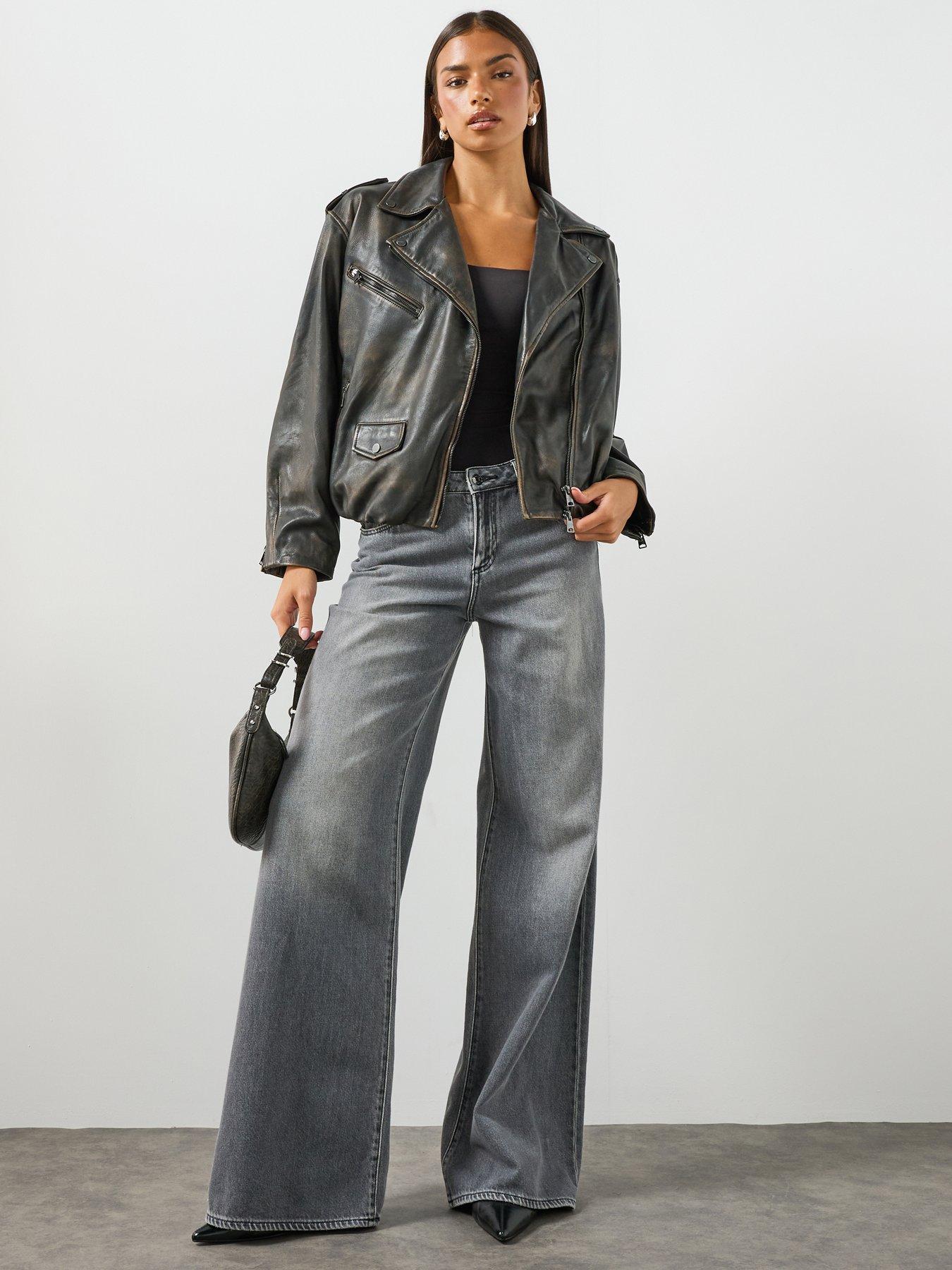 Image 3 of 6 of AllSaints Samina Relaxed Fit Leather Biker Jacket - Black