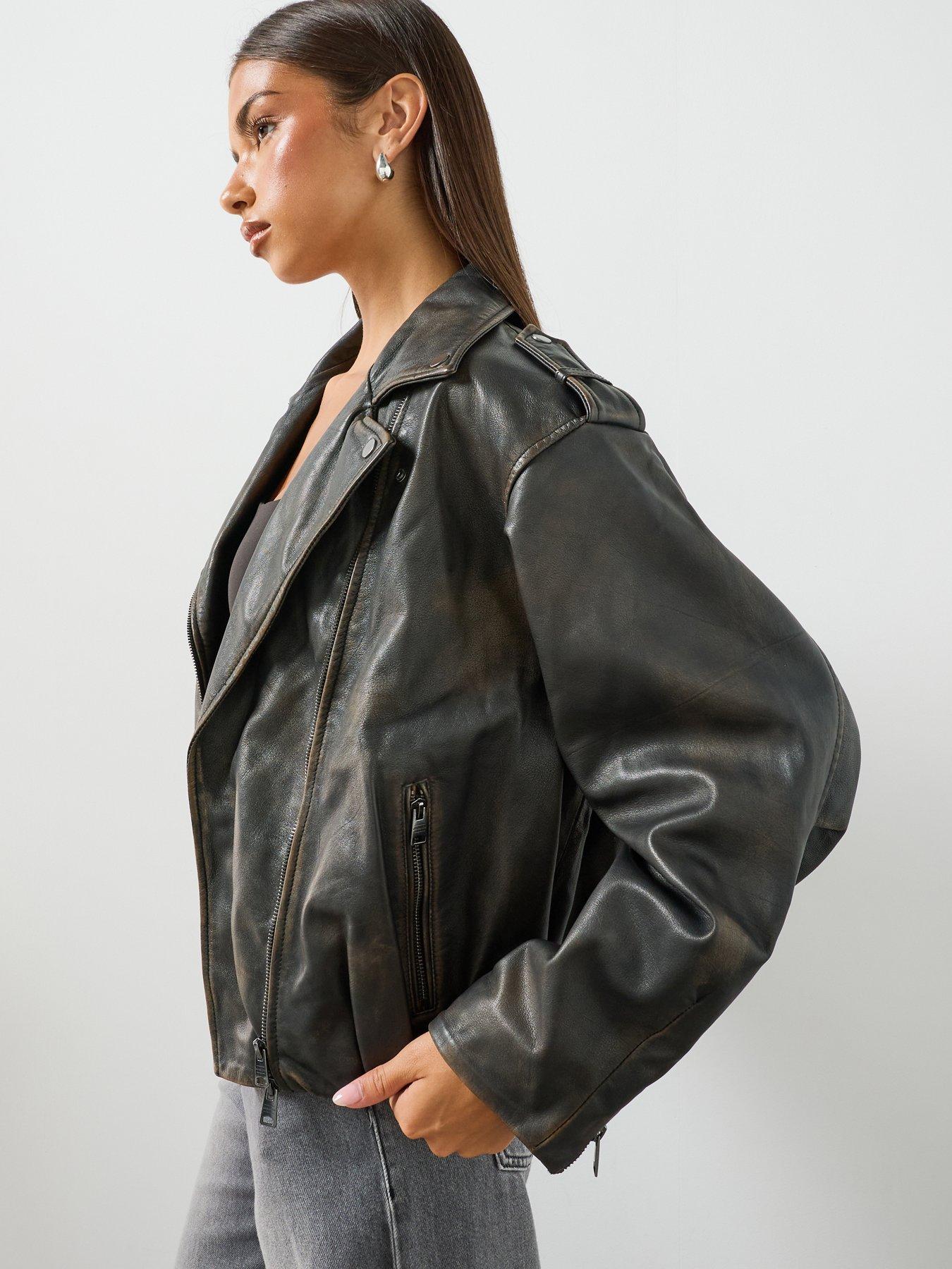 Image 4 of 6 of AllSaints Samina Relaxed Fit Leather Biker Jacket - Black