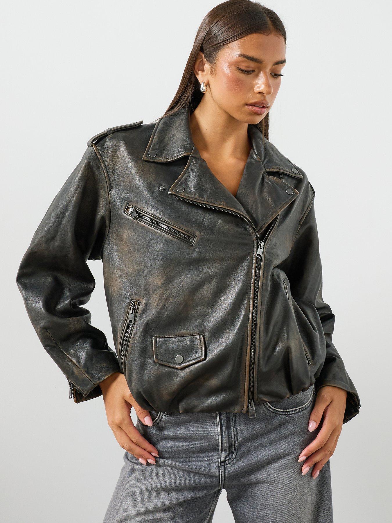 Image 5 of 6 of AllSaints Samina Relaxed Fit Leather Biker Jacket - Black