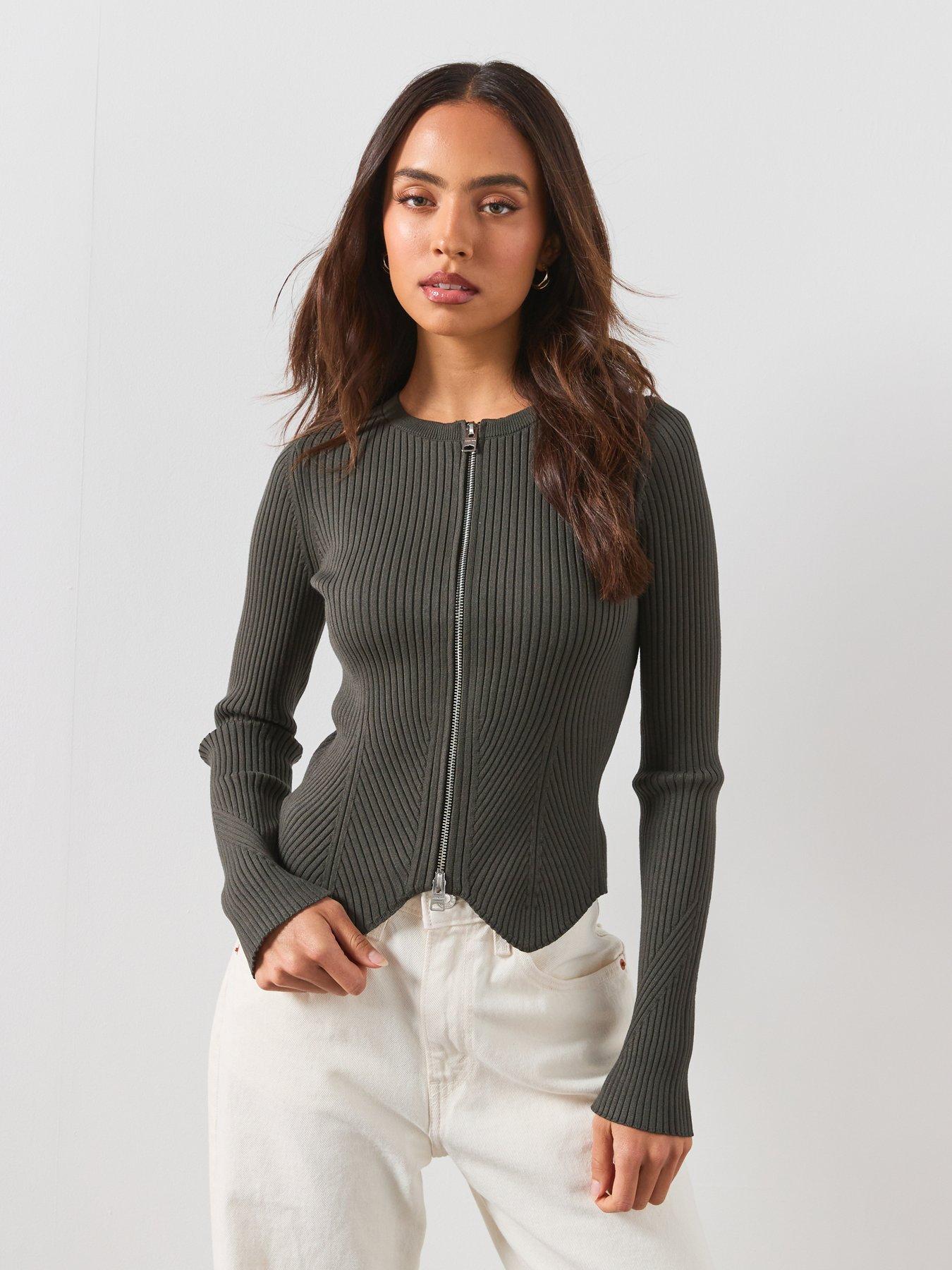 Image 4 of 5 of AllSaints Cruz Dual Zip Ribbed Cardigan - Grey