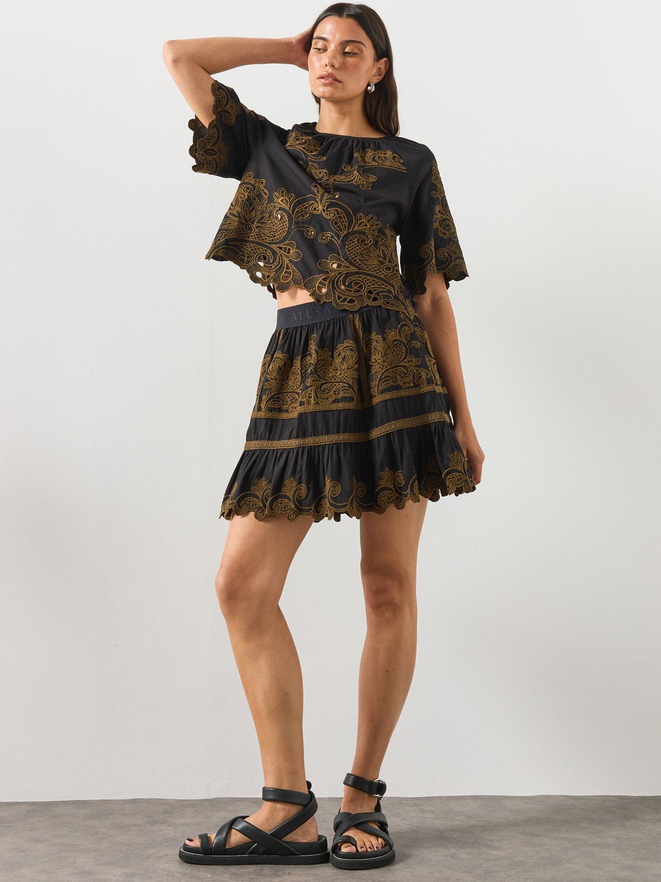 Image 3 of 6 of AllSaints Katya Embroidered Mini Skirt - Black