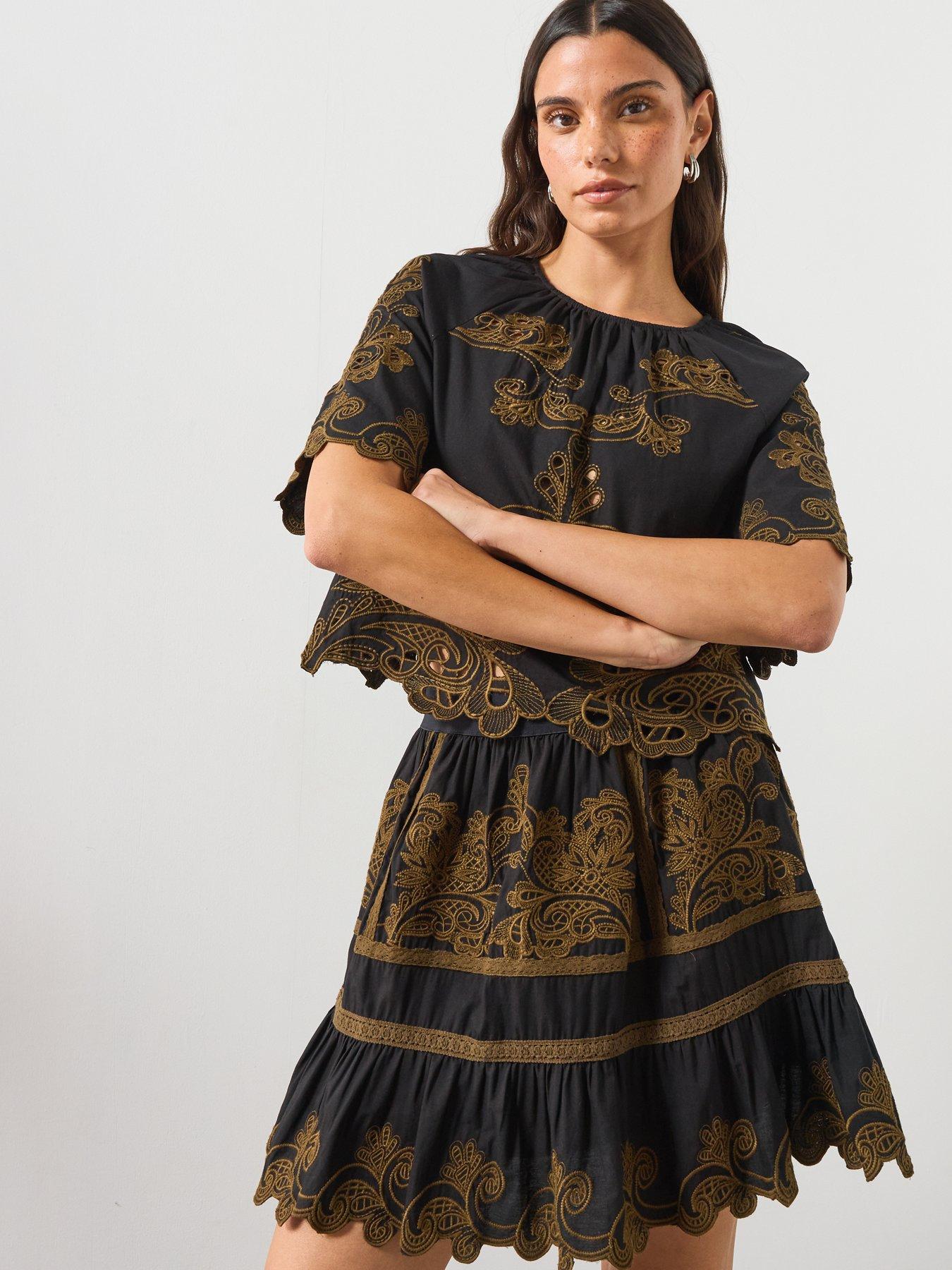 Image 4 of 6 of AllSaints Katya Embroidered Mini Skirt - Black