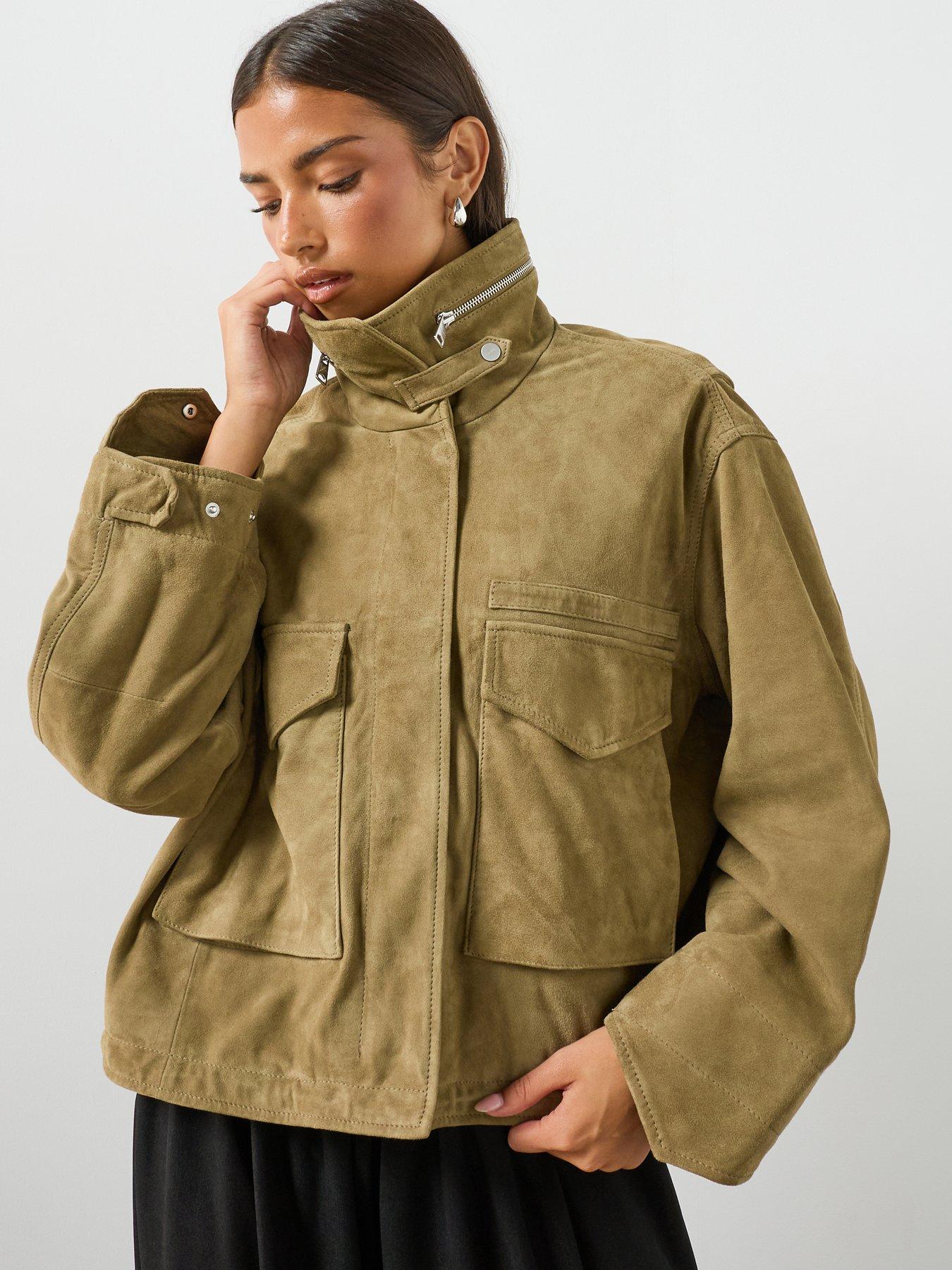 AllSaints Clay Funnel Neck Suede Cropped Jacket - Green