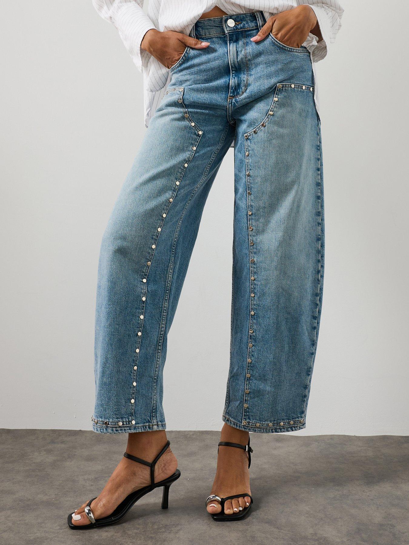 AllSaints High Waist Barrel Leg Studded Denim Jeans - Blue