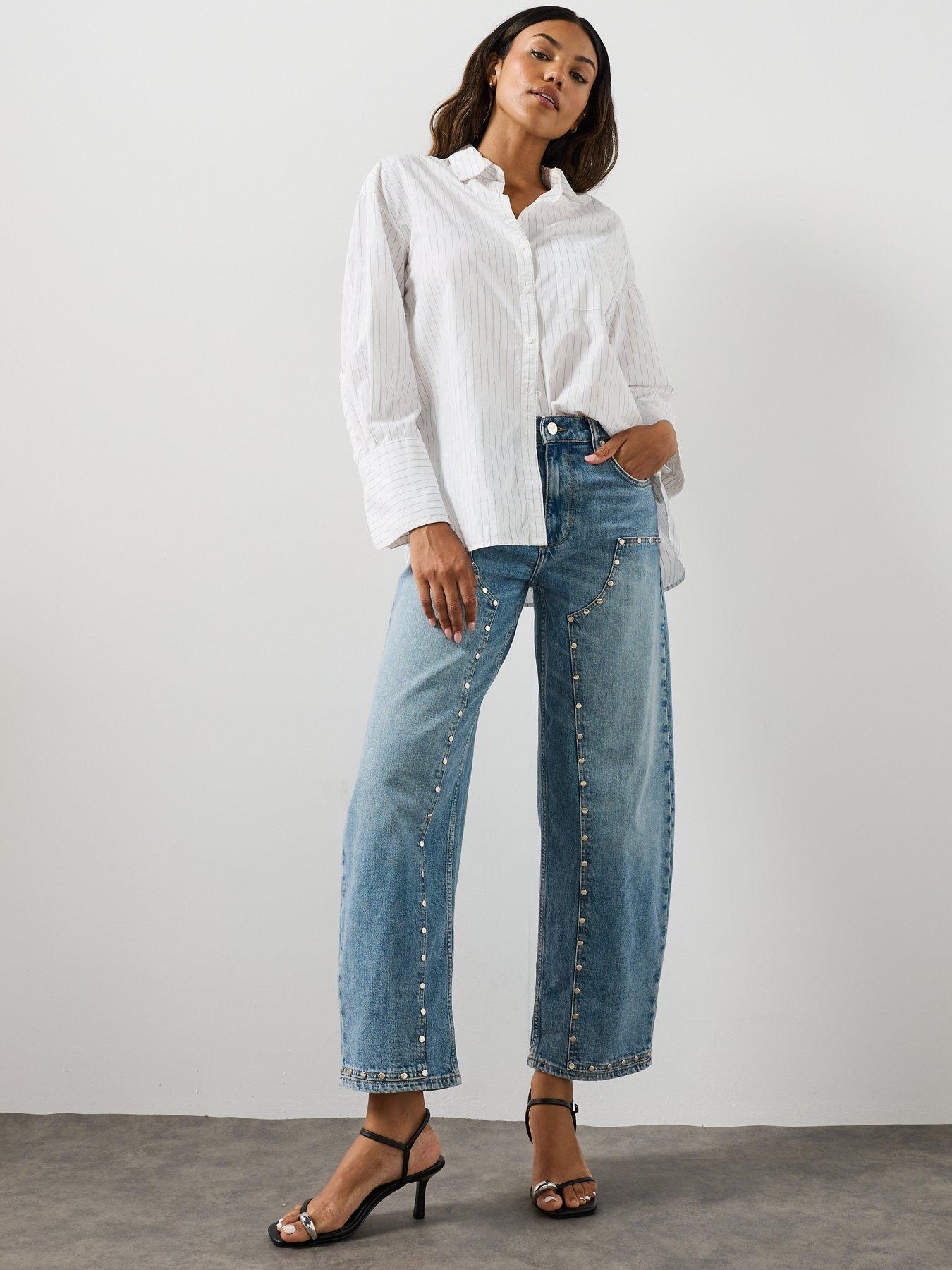 Image 3 of 6 of AllSaints High Waist Barrel Leg Studded Denim Jeans - Blue