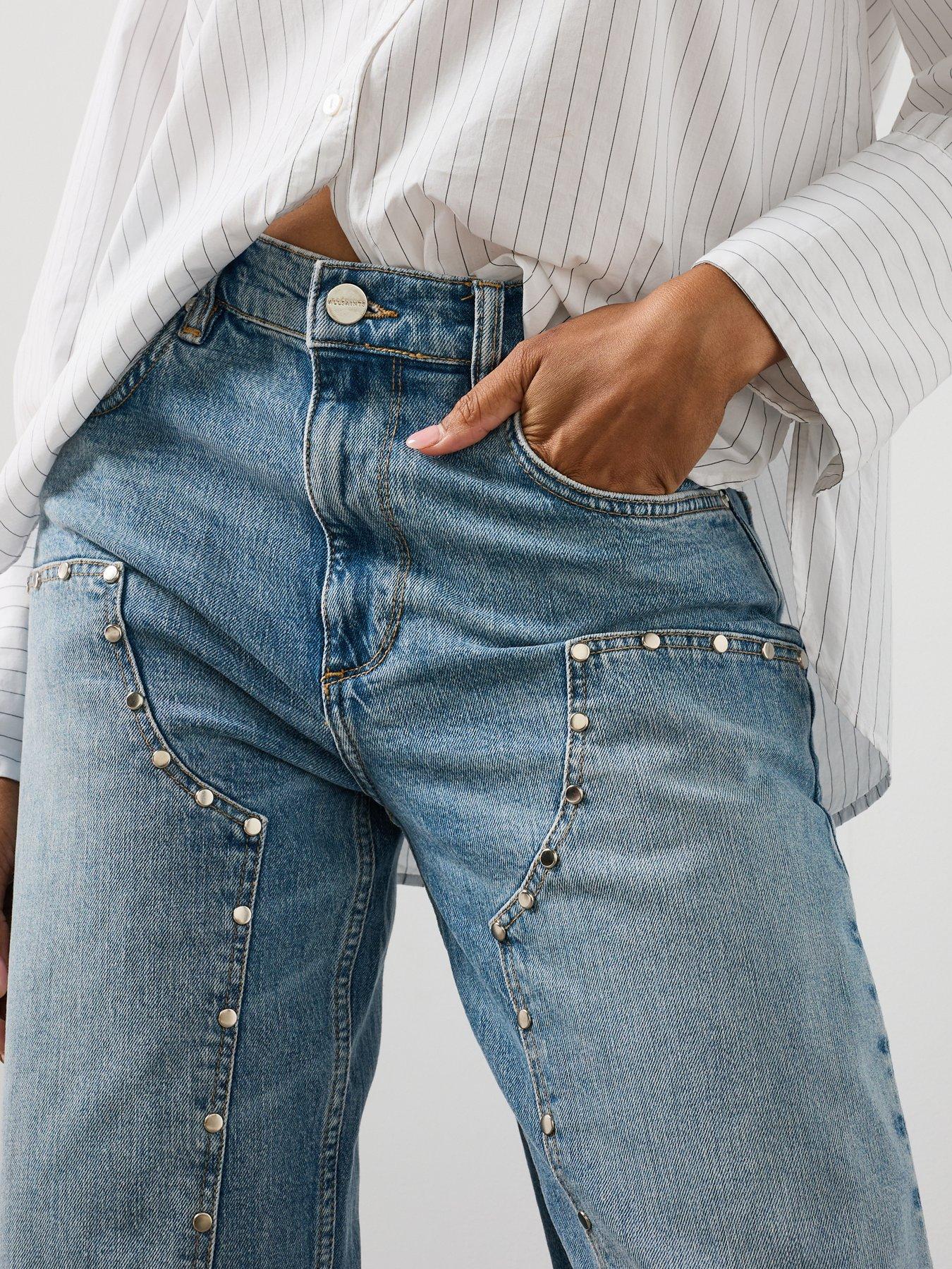 Image 4 of 6 of AllSaints High Waist Barrel Leg Studded Denim Jeans - Blue