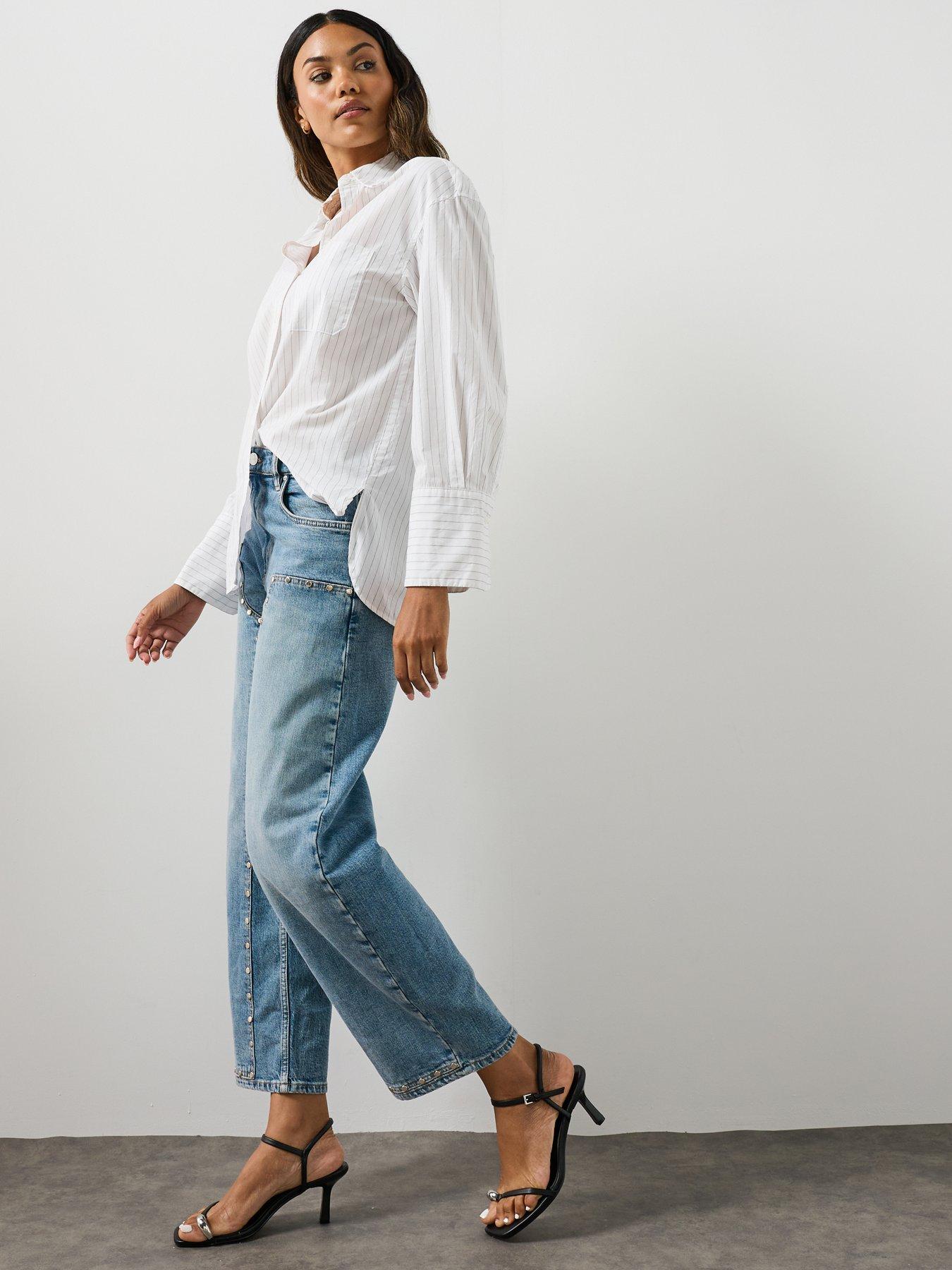 Image 5 of 6 of AllSaints High Waist Barrel Leg Studded Denim Jeans - Blue