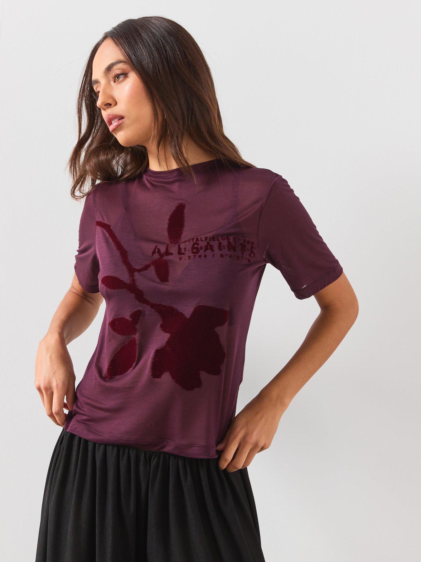 AllSaints Athea Graphic Sheer T-Shirt - Burgundy