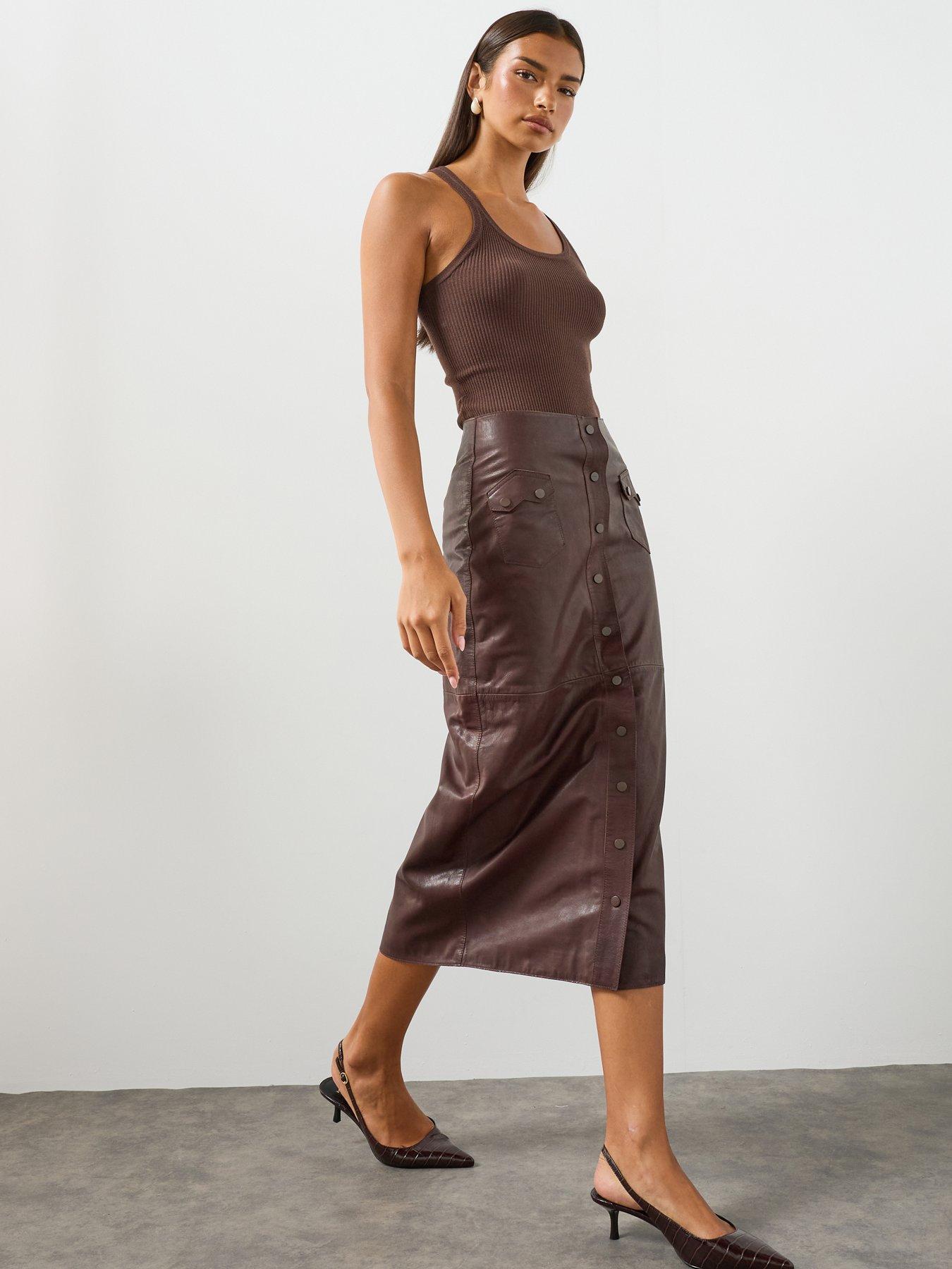 Image 4 of 6 of AllSaints Rock Midi Skirt - Brown