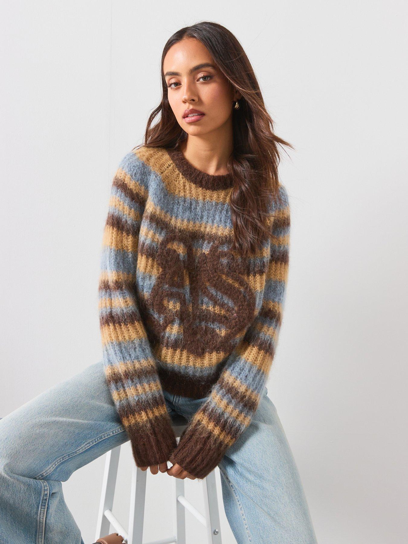 Image 1 of 6 of AllSaints Womens Rega Mohair Blend Striped Crew Neck Jumper - Blue