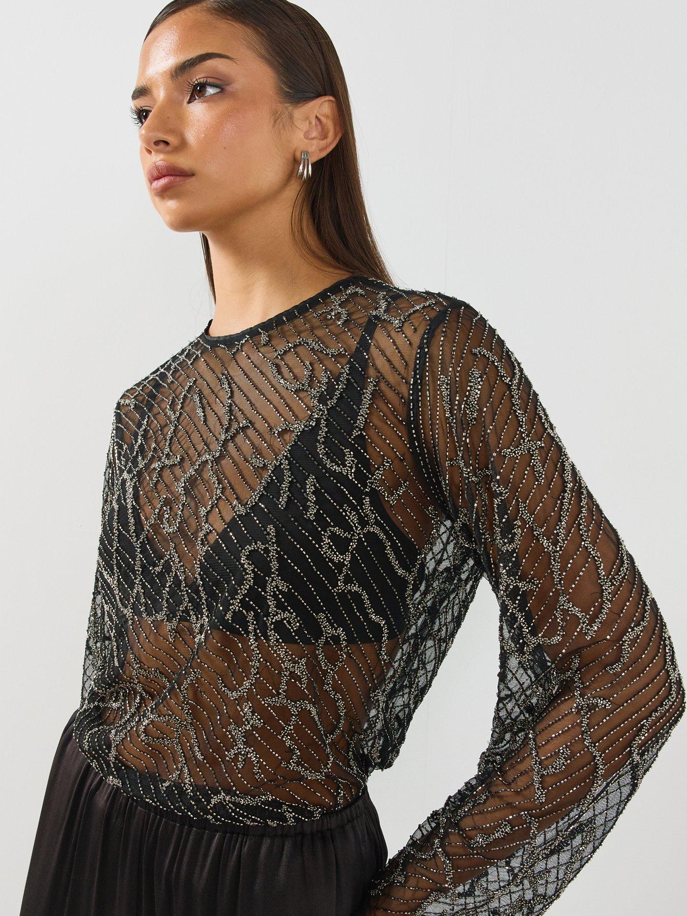 Image 1 of 6 of AllSaints Womens Minty Embellished Mesh Top - Black