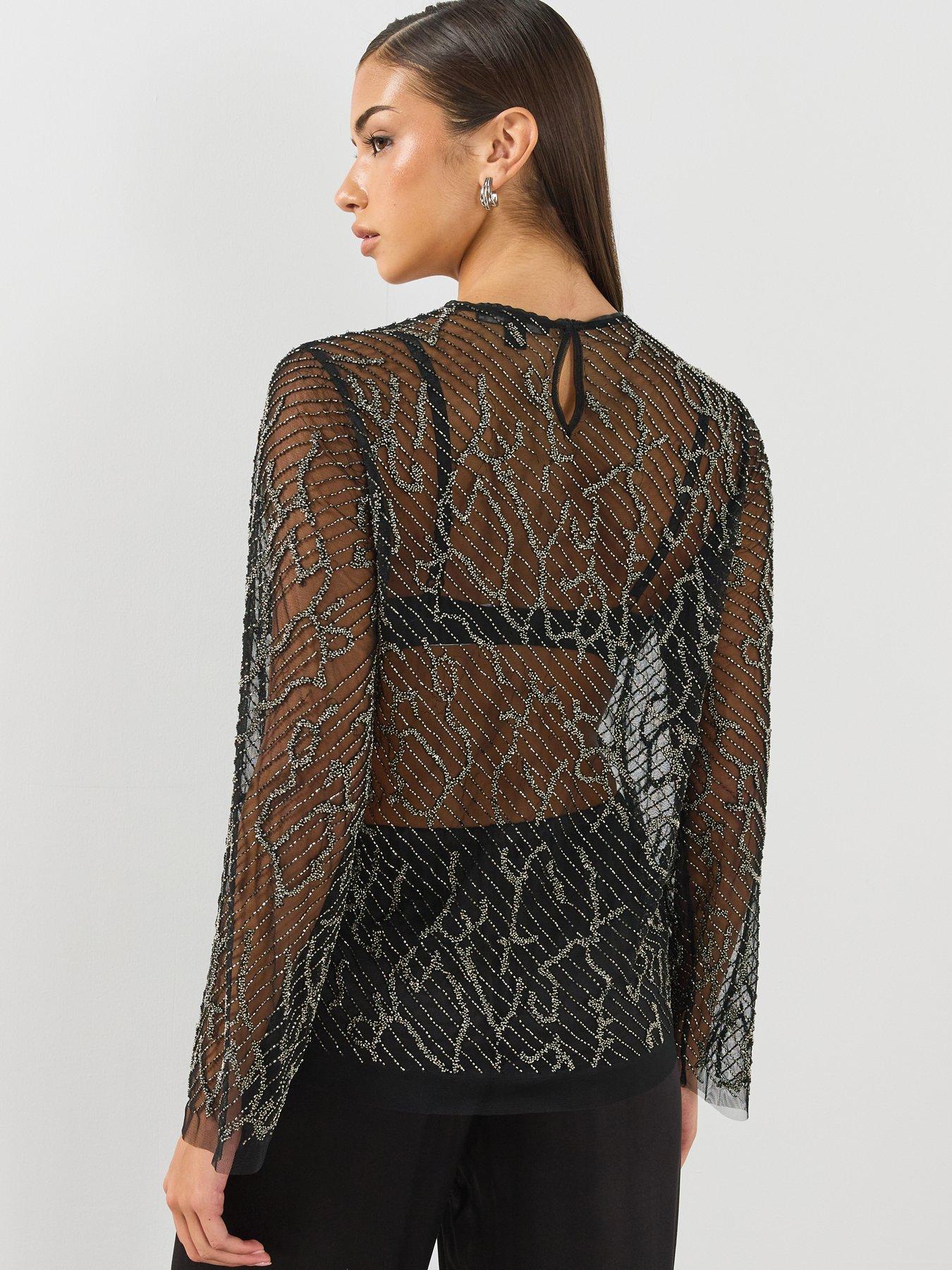 Image 2 of 6 of AllSaints Womens Minty Embellished Mesh Top - Black