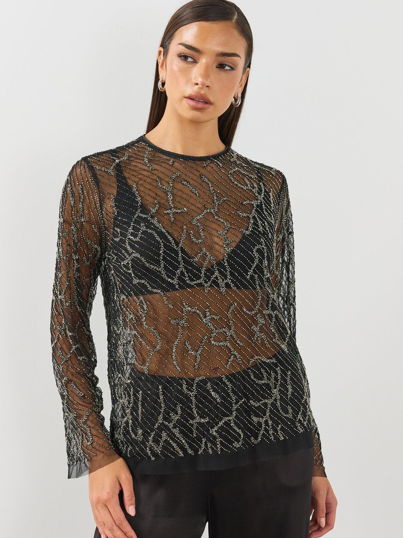 Image 4 of 6 of AllSaints Womens Minty Embellished Mesh Top - Black