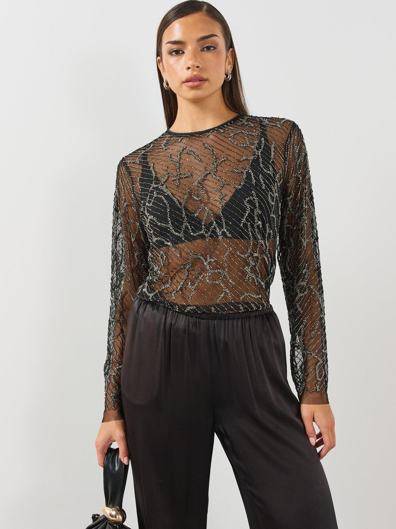 Image 6 of 6 of AllSaints Womens Minty Embellished Mesh Top - Black