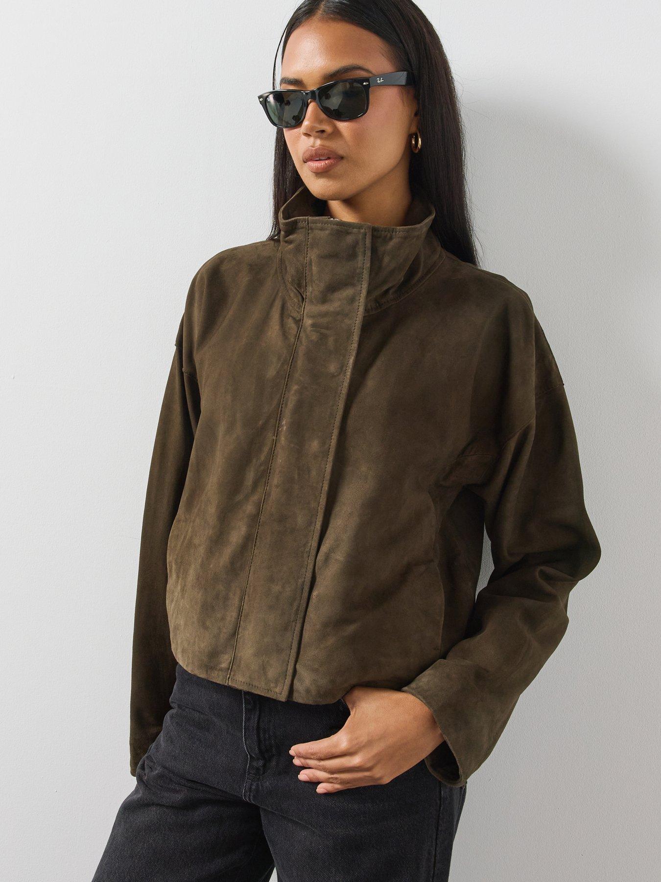 Image 1 of 6 of AllSaints Womens Ryder Funnel Neck Zip-Through Suede Jacket - Green