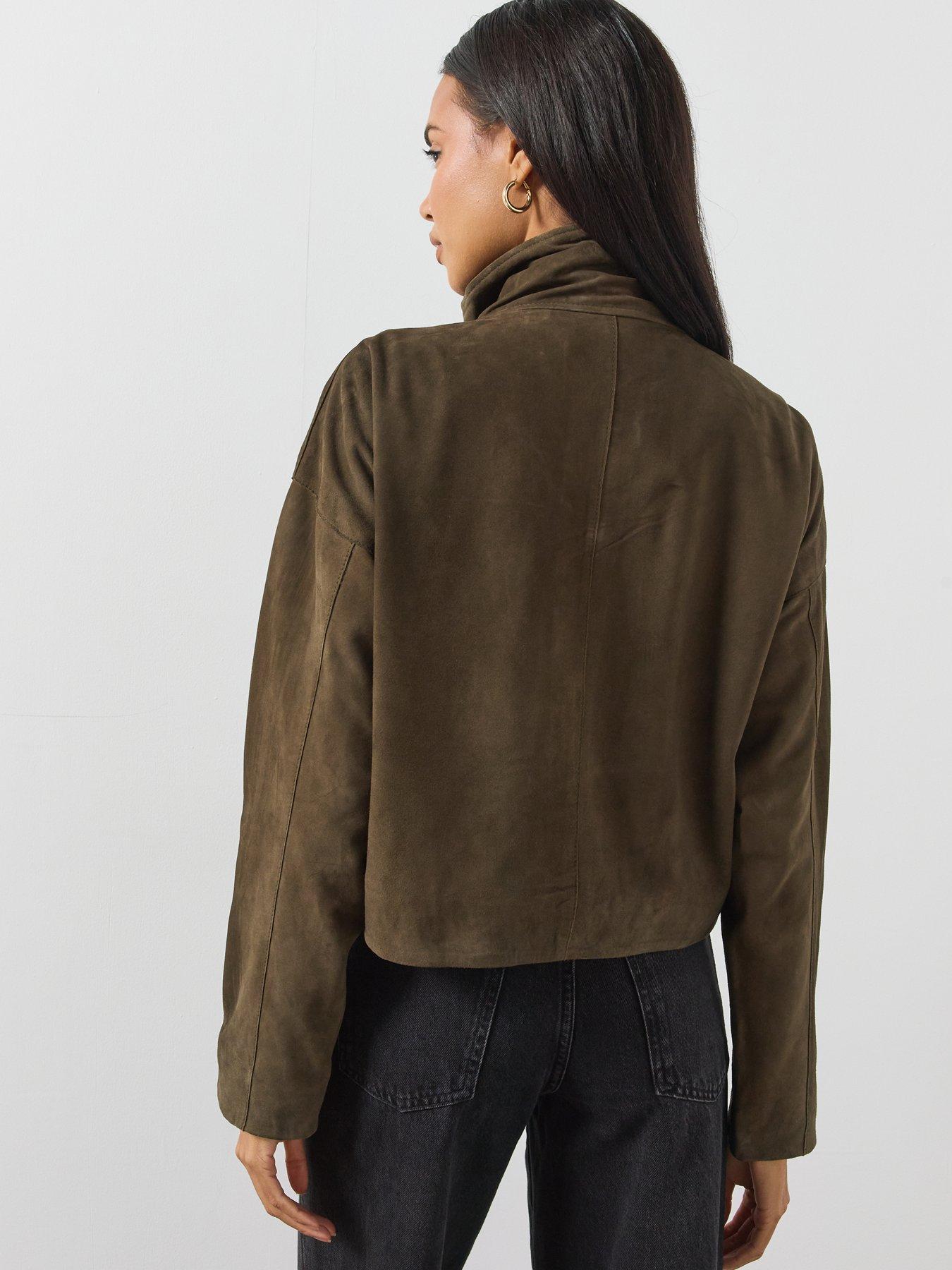 Image 2 of 6 of AllSaints Womens Ryder Funnel Neck Zip-Through Suede Jacket - Green