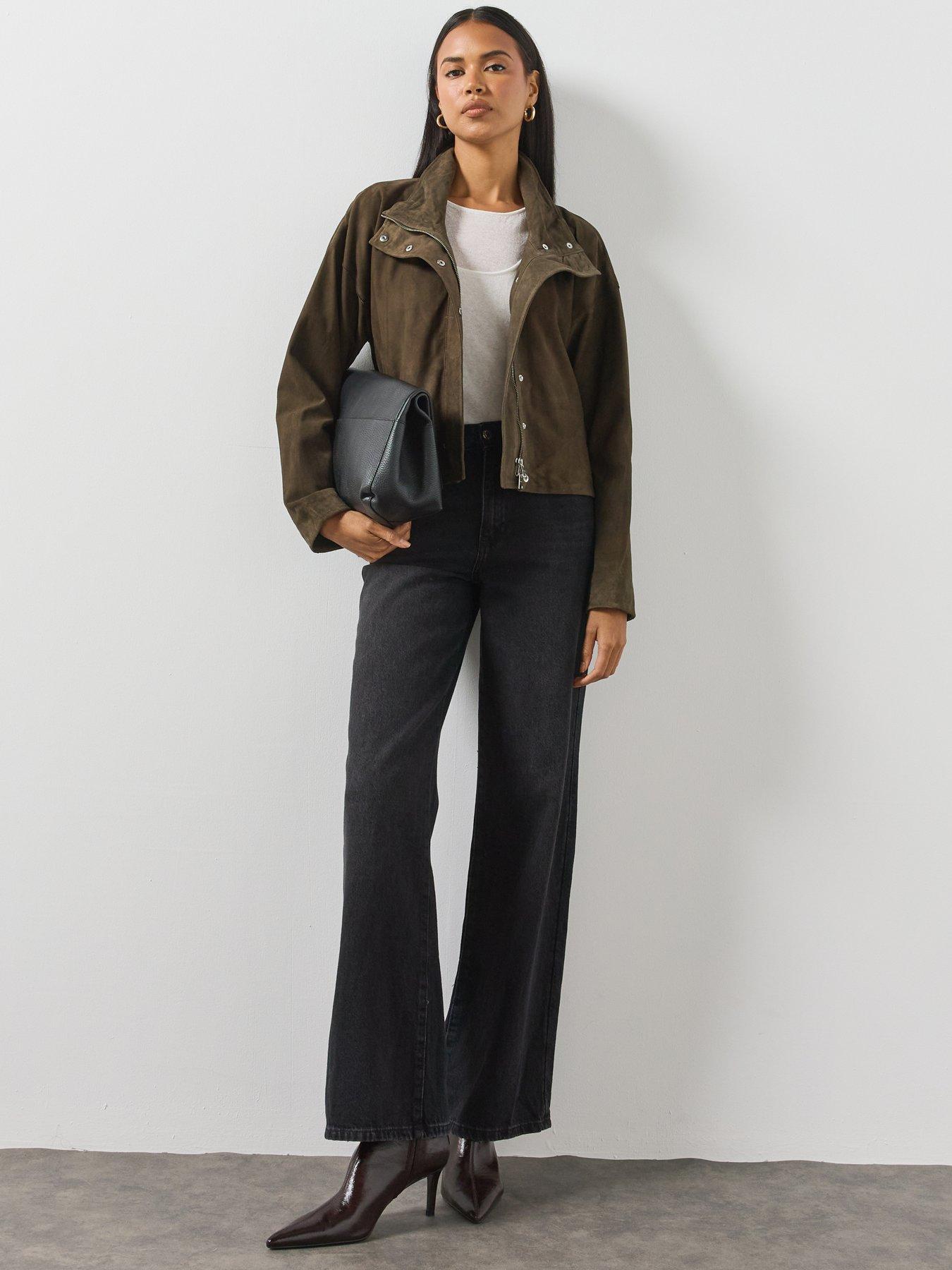 Image 3 of 6 of AllSaints Womens Ryder Funnel Neck Zip-Through Suede Jacket - Green