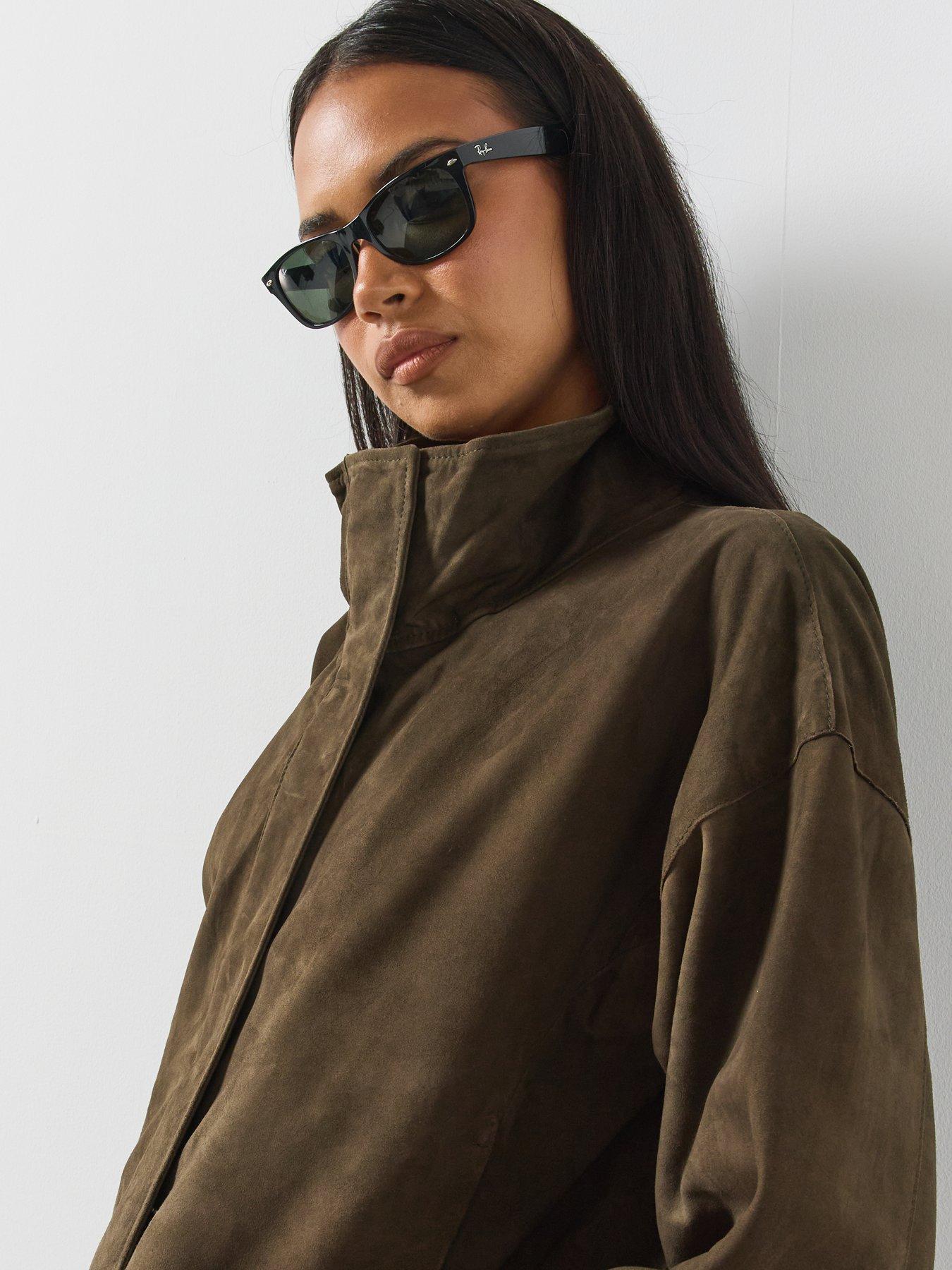 Image 4 of 6 of AllSaints Womens Ryder Funnel Neck Zip-Through Suede Jacket - Green