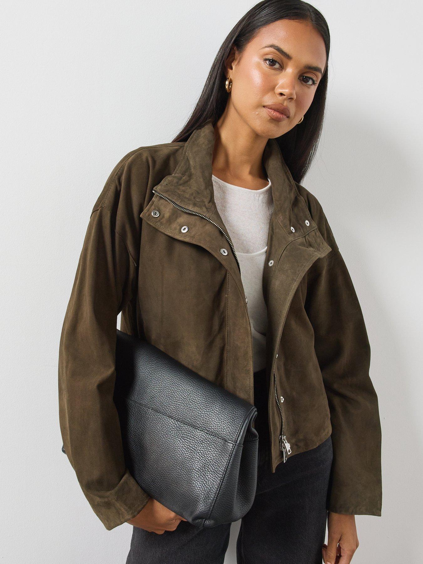 Image 5 of 6 of AllSaints Womens Ryder Funnel Neck Zip-Through Suede Jacket - Green
